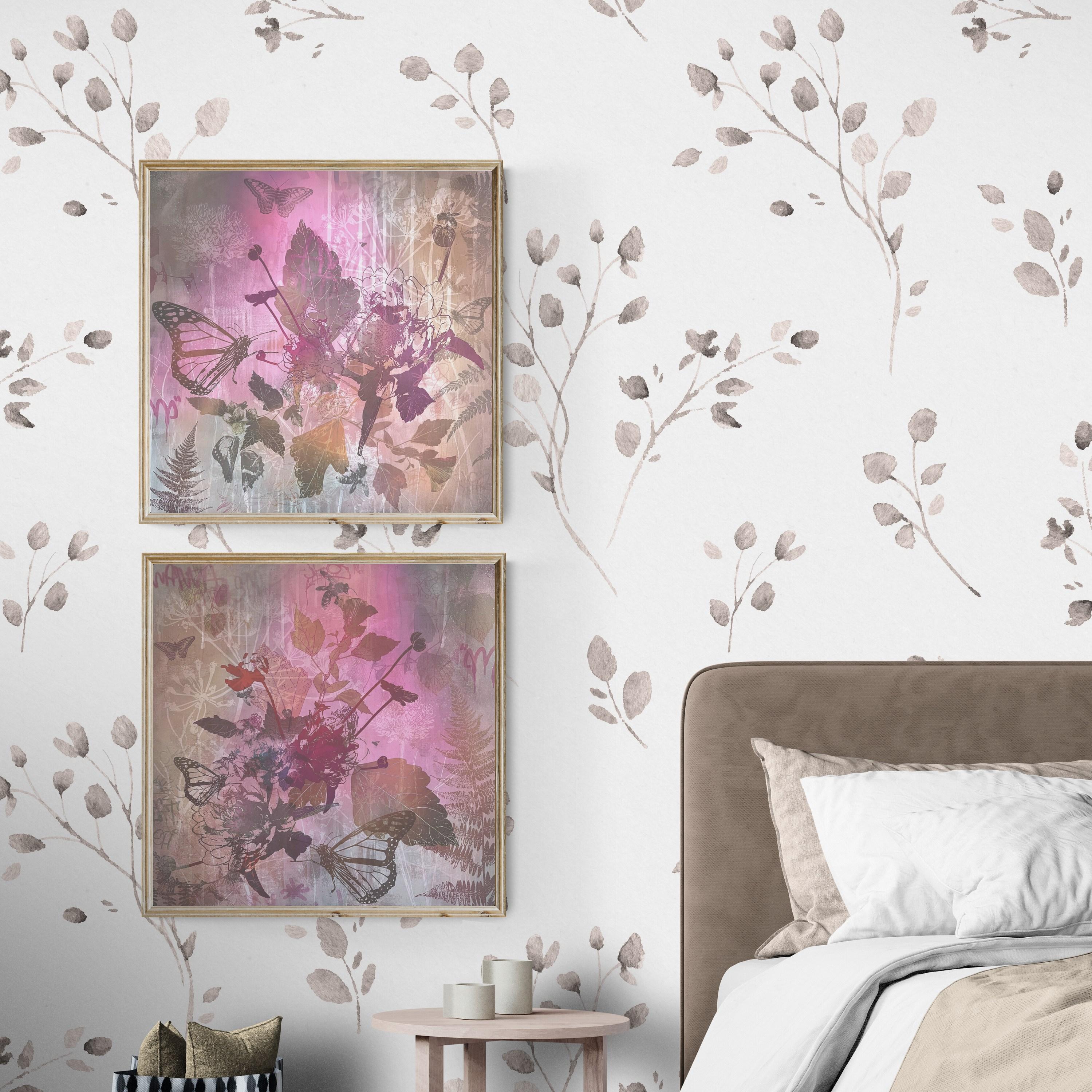 Morning Glory Diptychon (Früchte, Birkentafel, Botanicals, Schmetterlinge, Blumen, Gold) (Zeitgenössisch), Painting, von Katrina Revenaugh