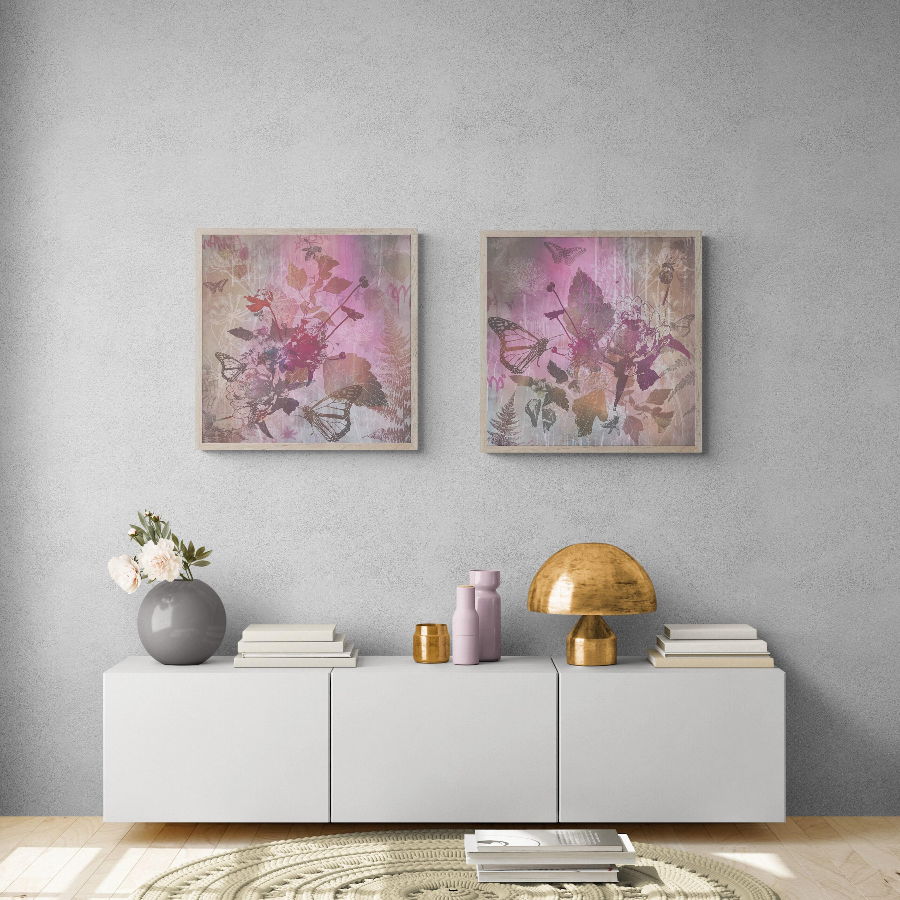Morning Glory Diptych (Bees, Birch Panel, Botanicals, Butterflies, Floral, Gold) For Sale 3