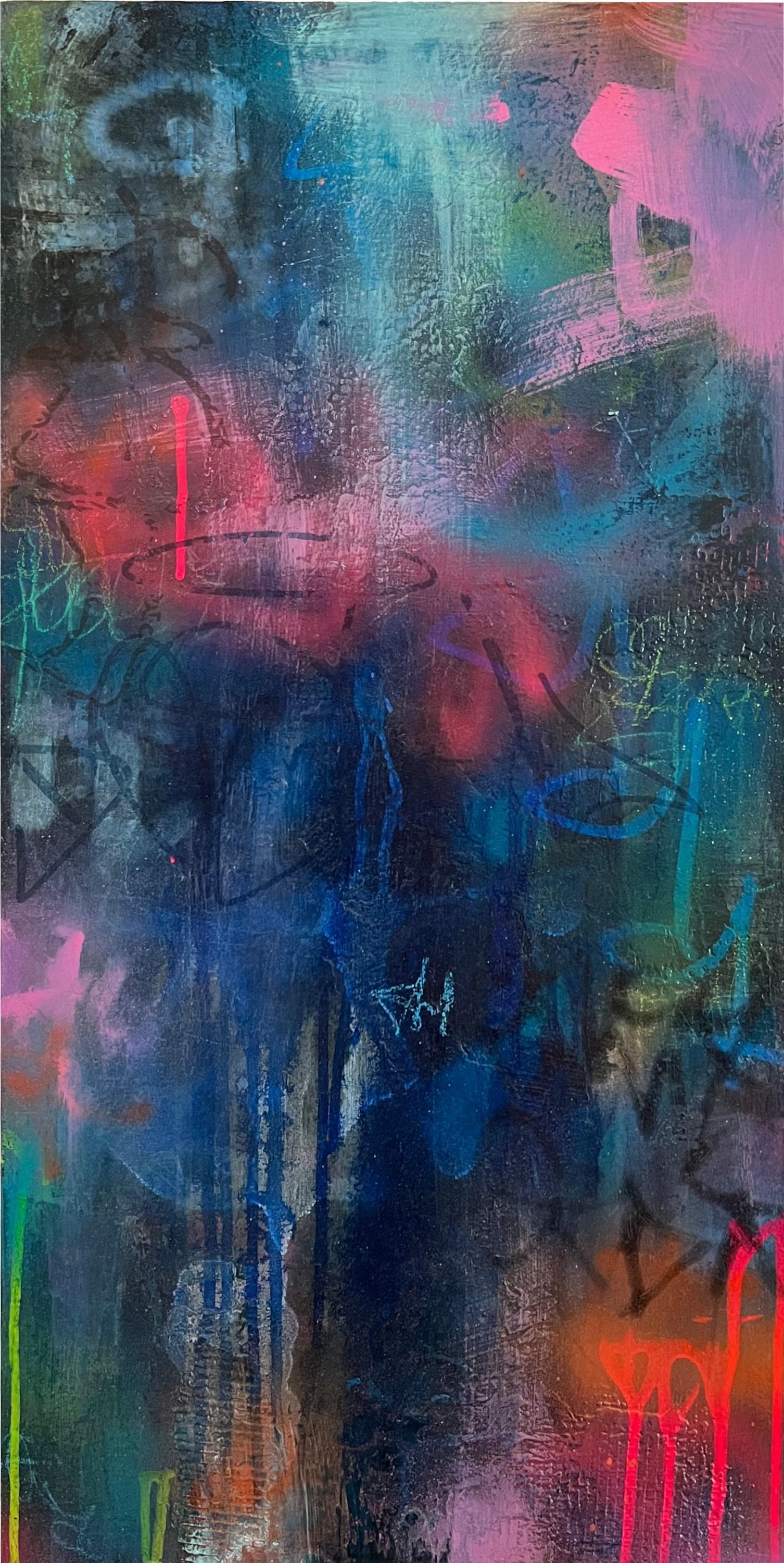 Katrina Revenaugh Figurative Painting – Nightcap (Abstrakt, Atmosphärisch, Schwarz, Blau, Contemporary, Dunkelblau, Gestisch)