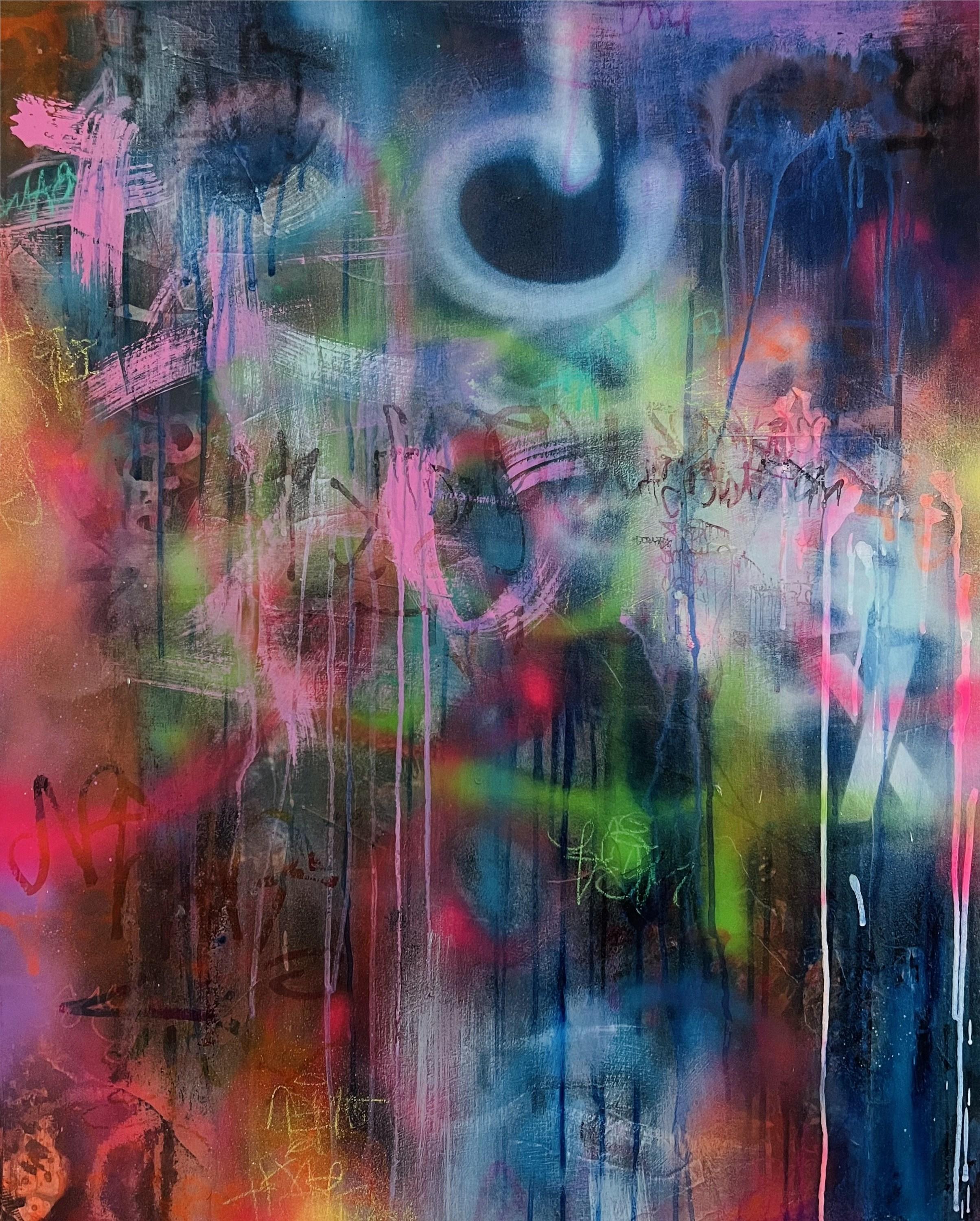 Katrina Revenaugh Figurative Painting – Nightshift (Abstrakt, Atmosphärisch, Schwarz, Blau, Zeitgenössisch, Blau, Gestisch)