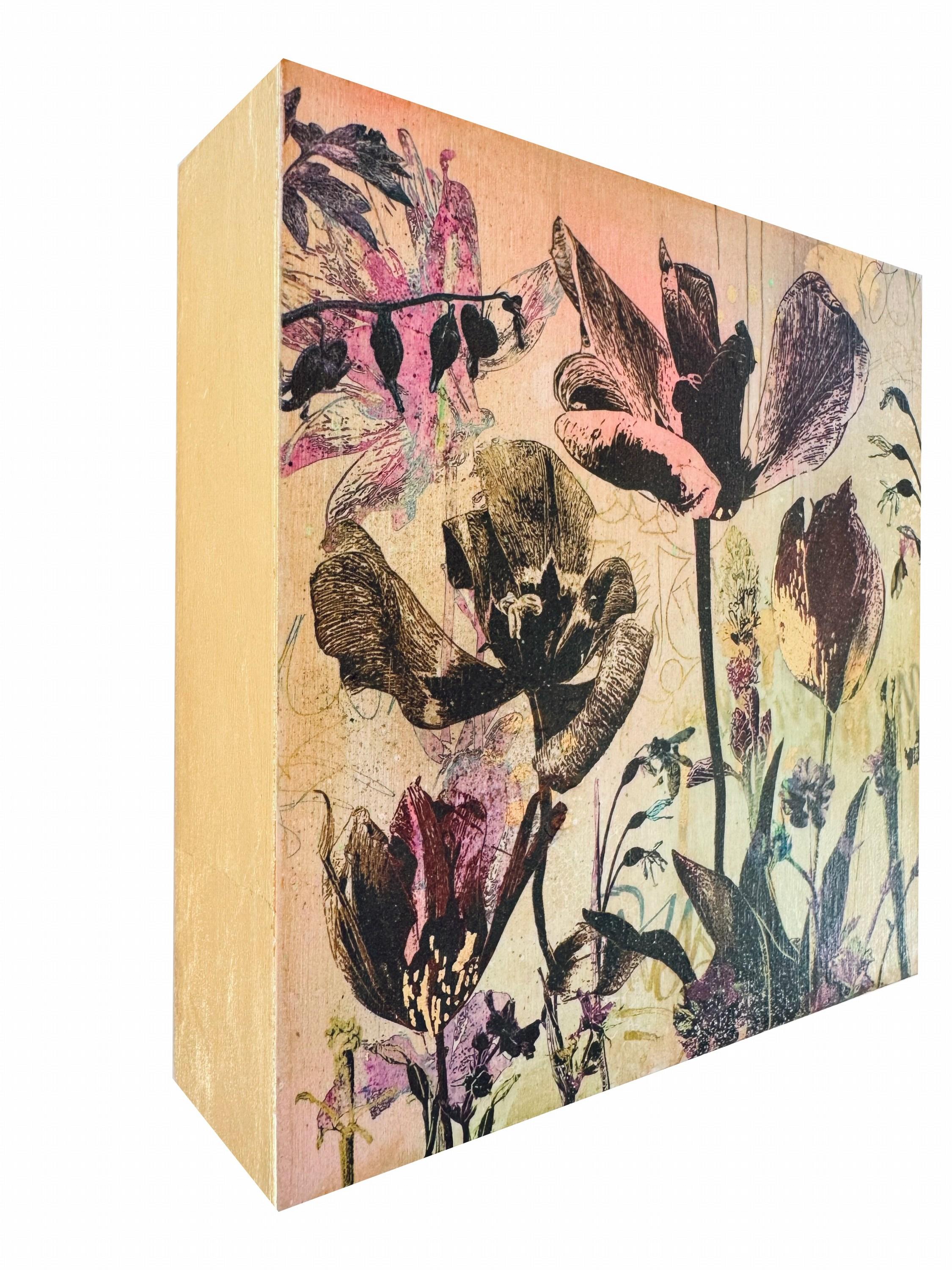 Piccolo Giardino Numero 3 (Botanicals, Burgundy, Butterflies, Floral, Gold) - Contemporary Mixed Media Art by Katrina Revenaugh