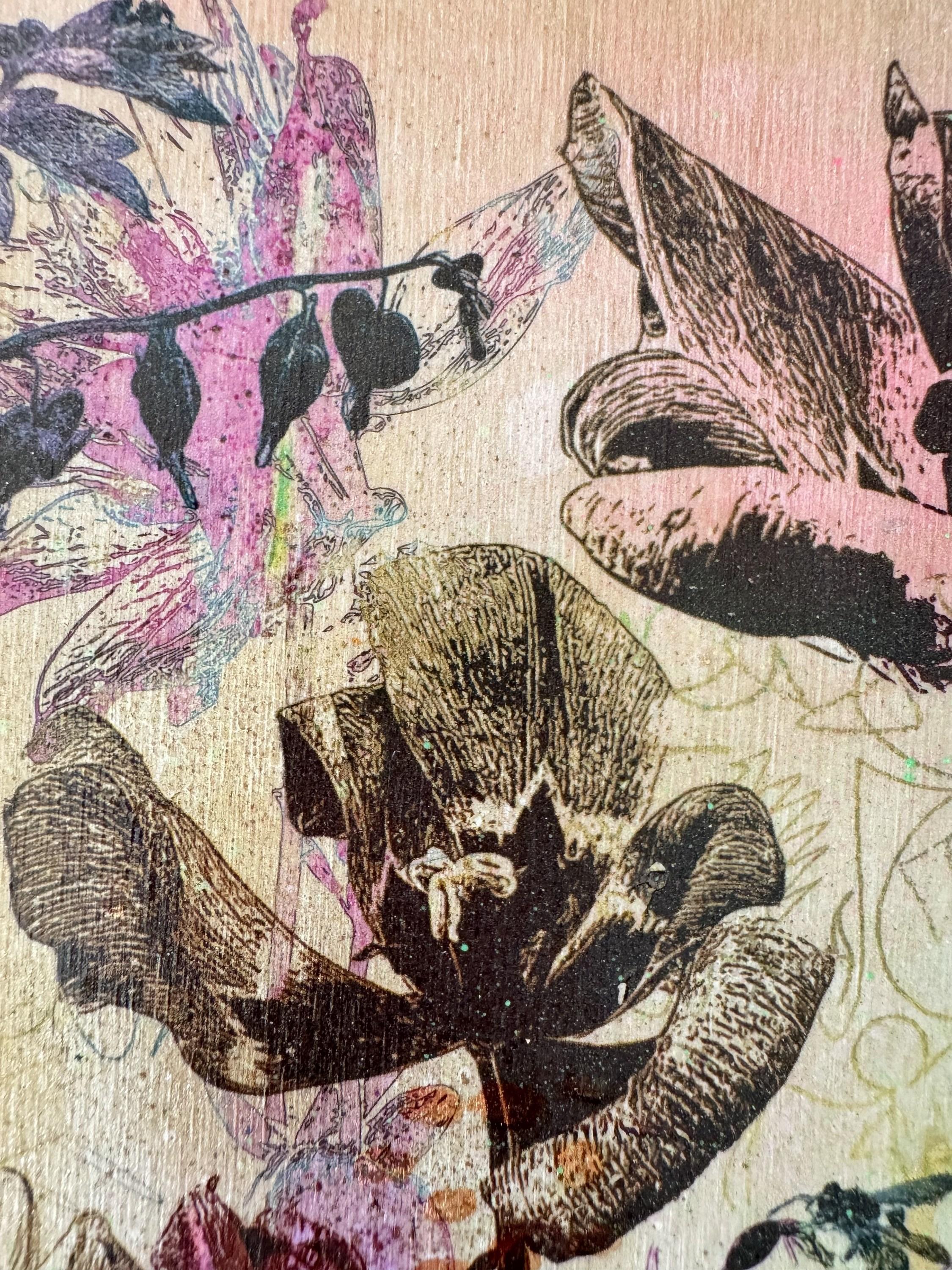 Katrina Revenaugh
Piccolo Giardino Numero 3
Archival Pigment Ink, Acrylic, Spray Paint and Gold Leaf on Birch Panel
Year: 2024
Size: 6 x 6 x 1.75 inches
Signed: On Verso
COA provided

Piccolo Giardino Numero 3 combines graffiti with botanicals in