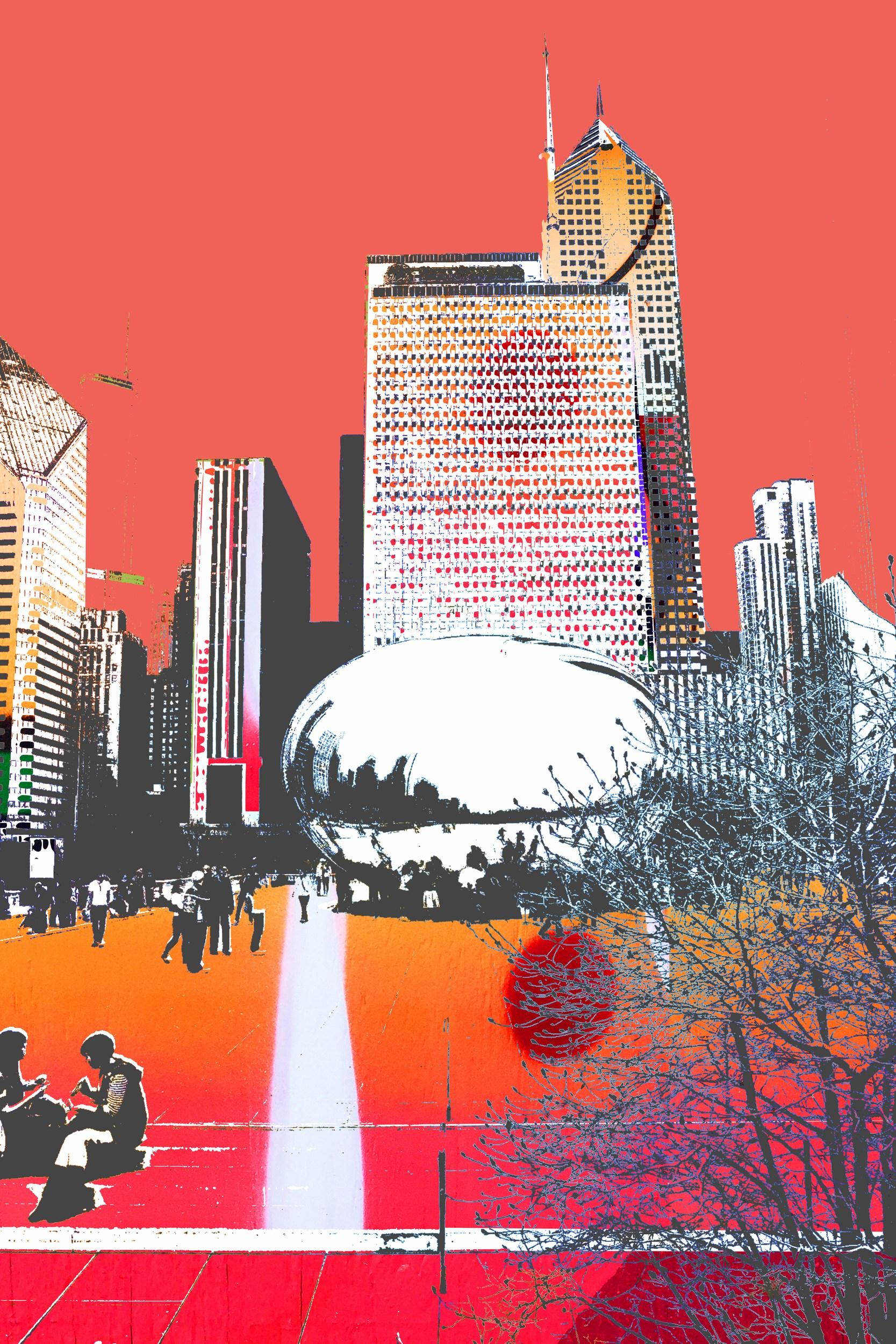 Reflections of Chicago (Cityscape, Street Art, Vibrant, Graffiti, Metalldruck) (Zeitgenössisch), Print, von Katrina Revenaugh