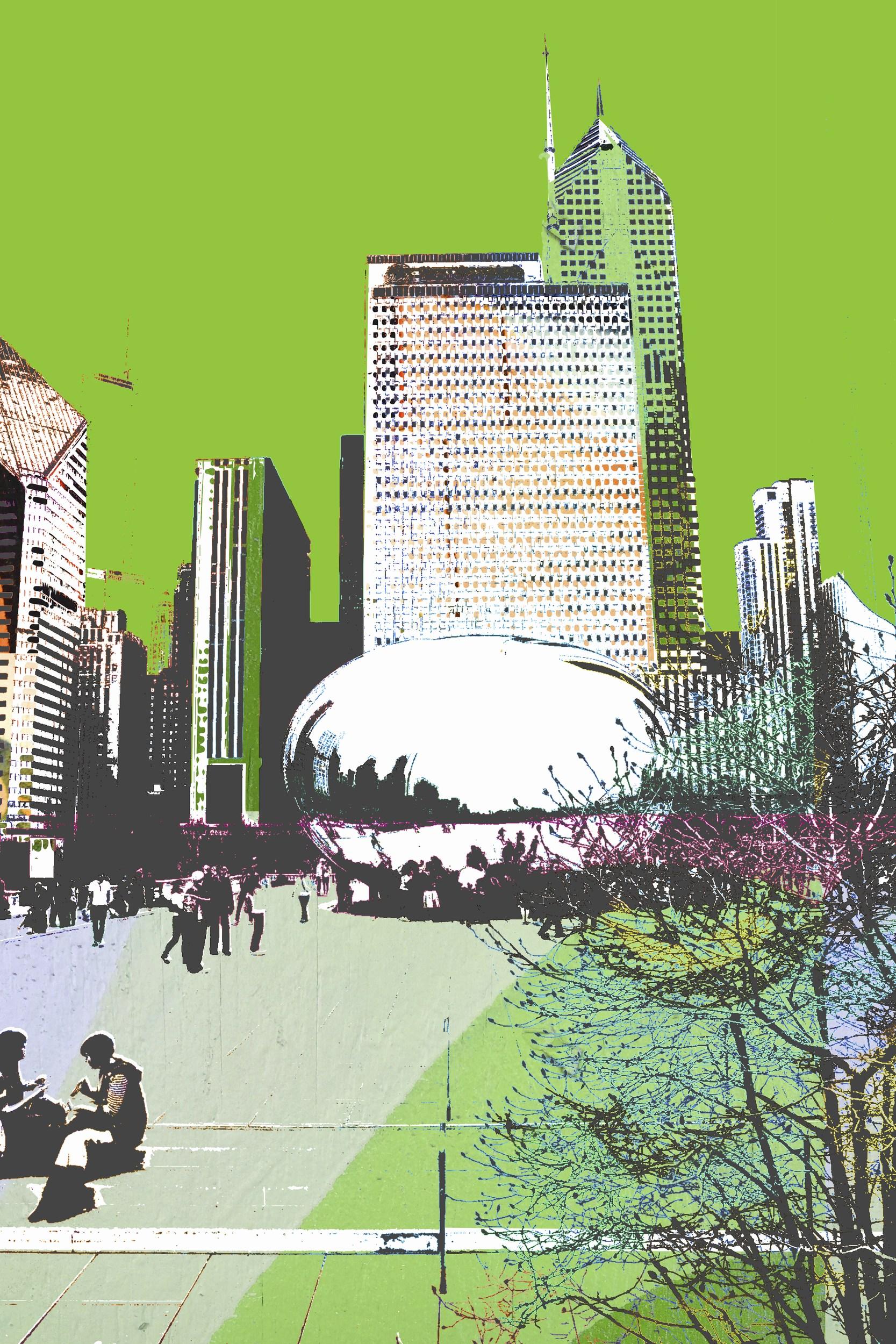 Katrina Revenaugh Landscape Print – Reflections of Chicago (Cityscape, Street Art, Vibrant, Graffiti, Metalldruck)