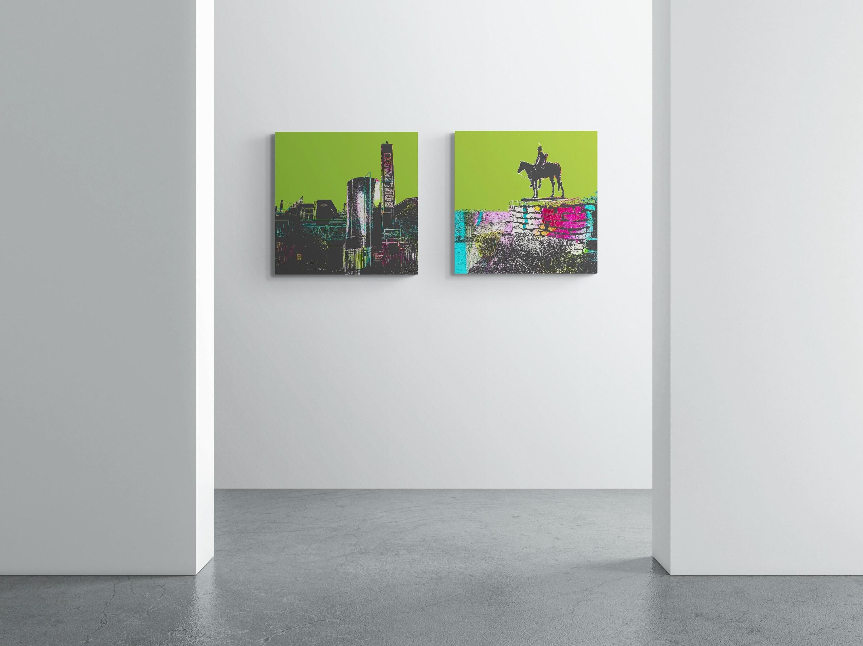 Scouting for Greatness (Cityscape, Street Art, Vibrant, Graffiti, Metal Print) For Sale 1