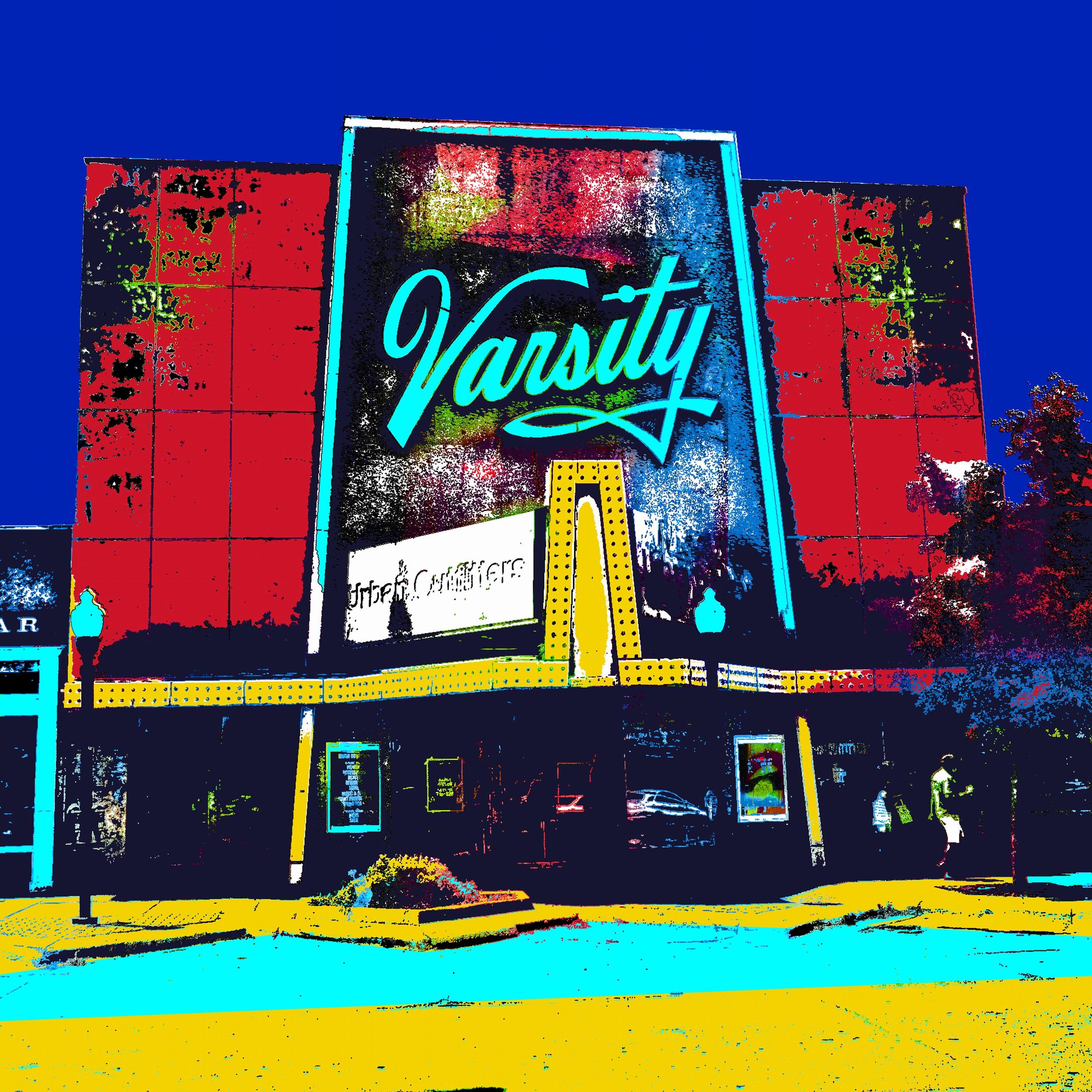 The Varsity Theater (KU, Iconic, Street Art, Vibrant, Graffiti, Metalldruck) – Print von Katrina Revenaugh