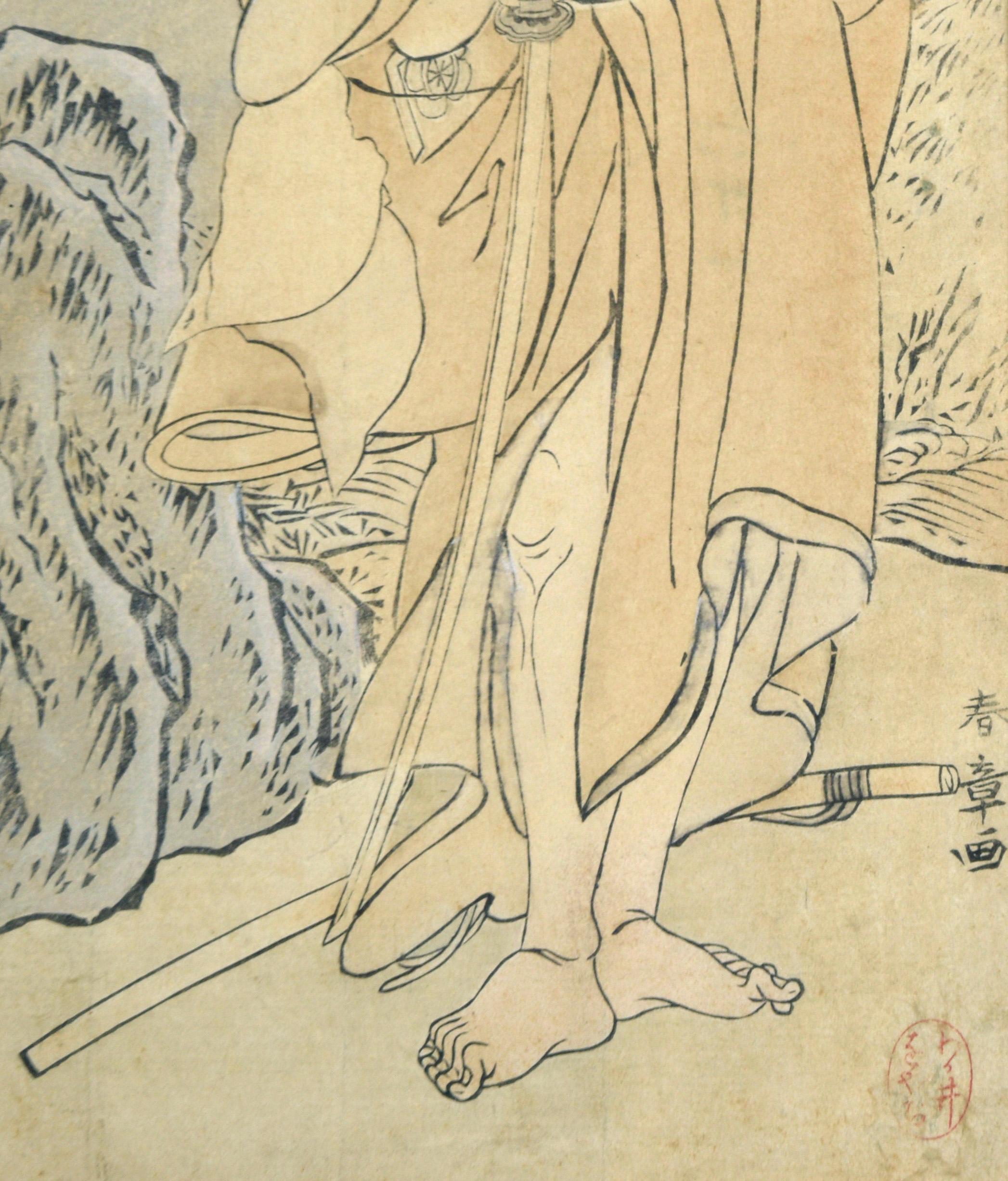 Actor as Samurai - 18th Century Japanese Woodblock Print For Sale 1