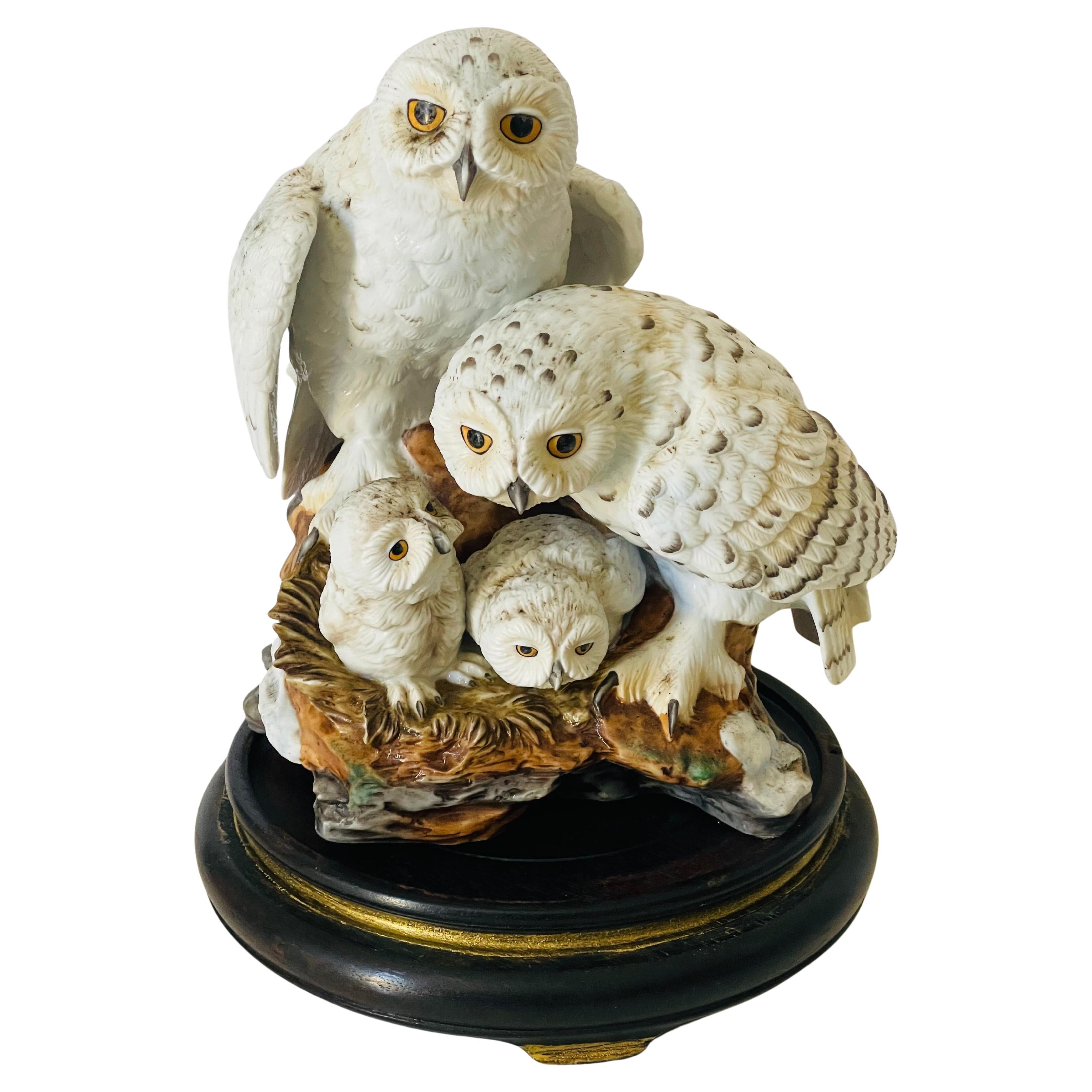 Katsumo Ito Snowy Owls Sculpture on Stand
