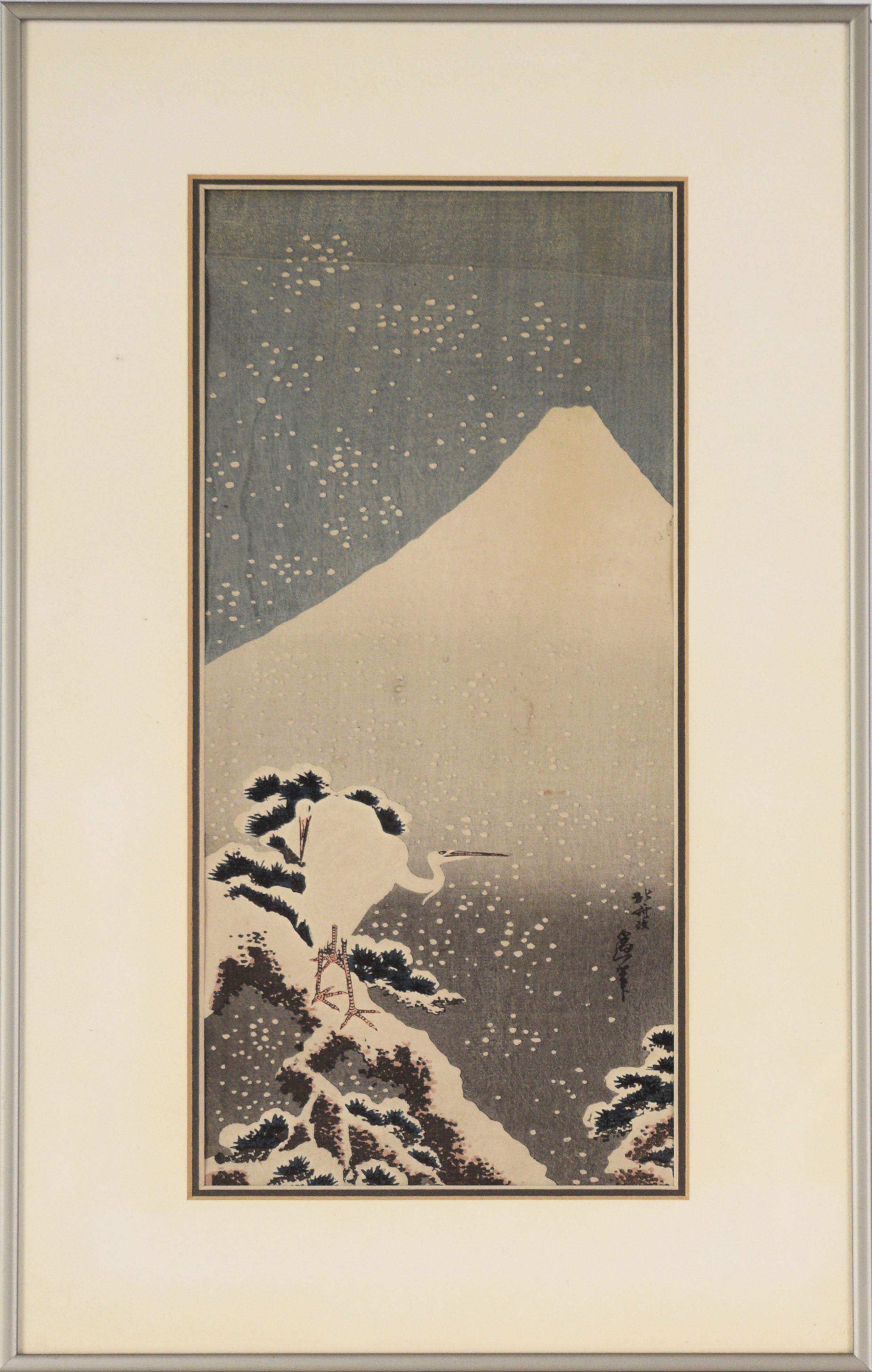Egret and Mt. Fuji - Woodblock Print - Beige Figurative Print by Katsushika Hokusai