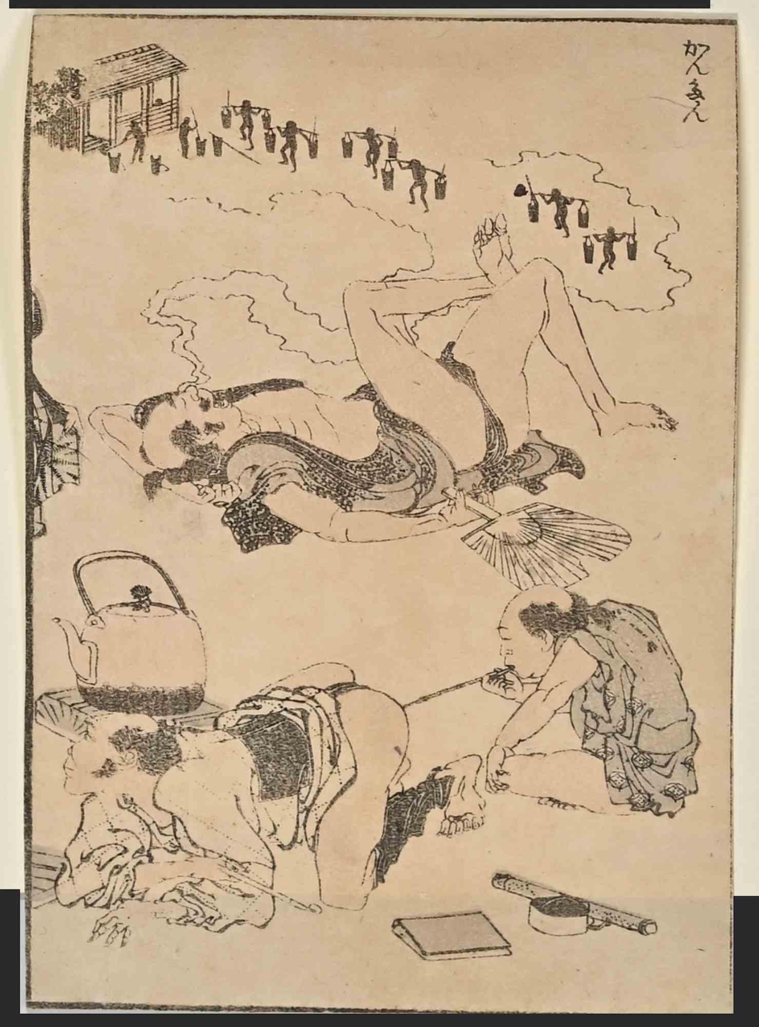 Erotic Scene with Travelers...-Woodcut by Katsushika Hokusai-Late 19th Century