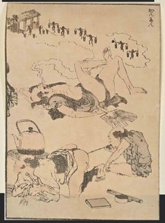 Scène érotique avec des voyageurs... - Gravure sur bois de Katsushika Hokusai - Fin du XIXe siècle