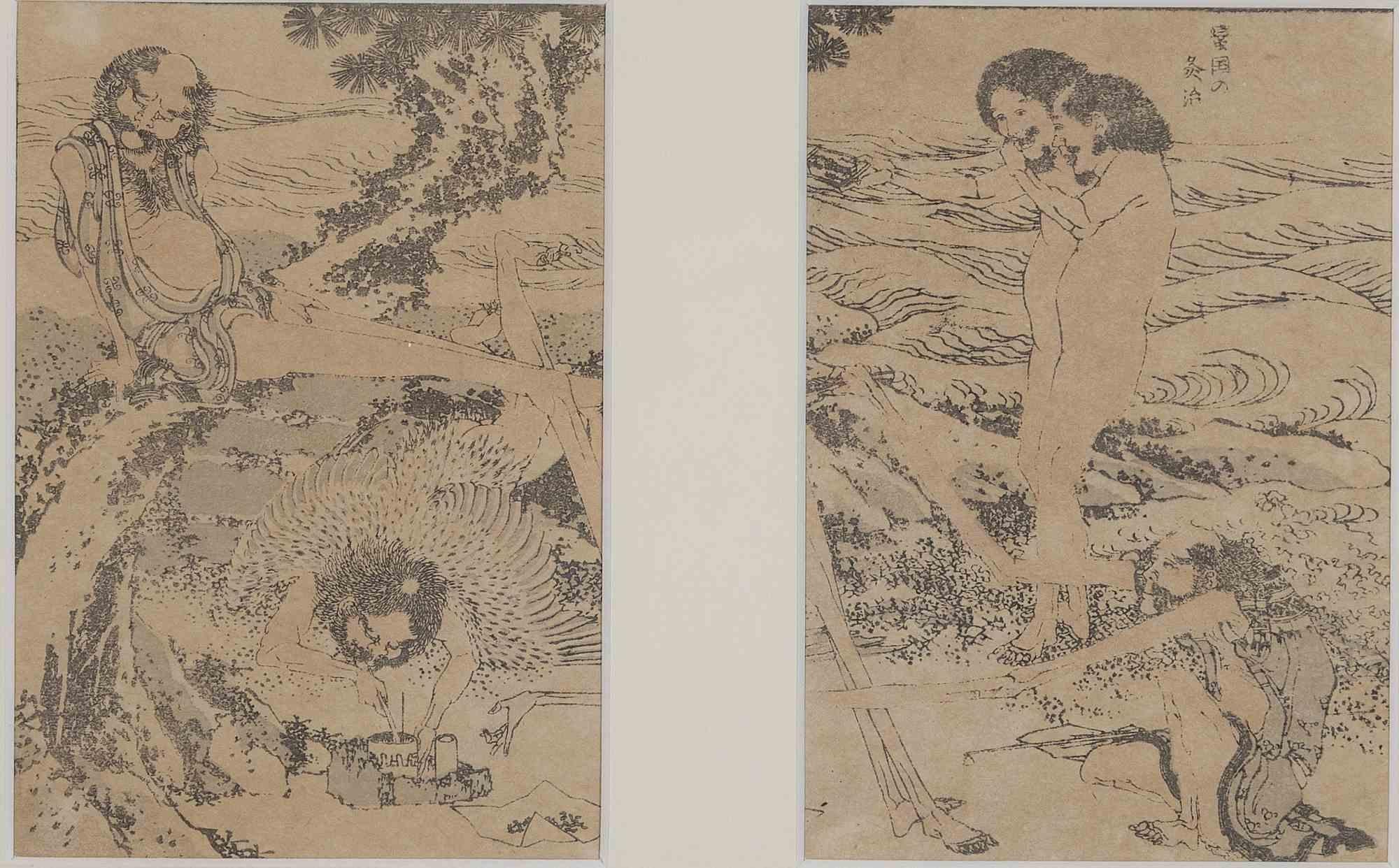 Pair of Oriental Figures - Woodcut after Katsushika Hokusai - late 19th Century For Sale 1