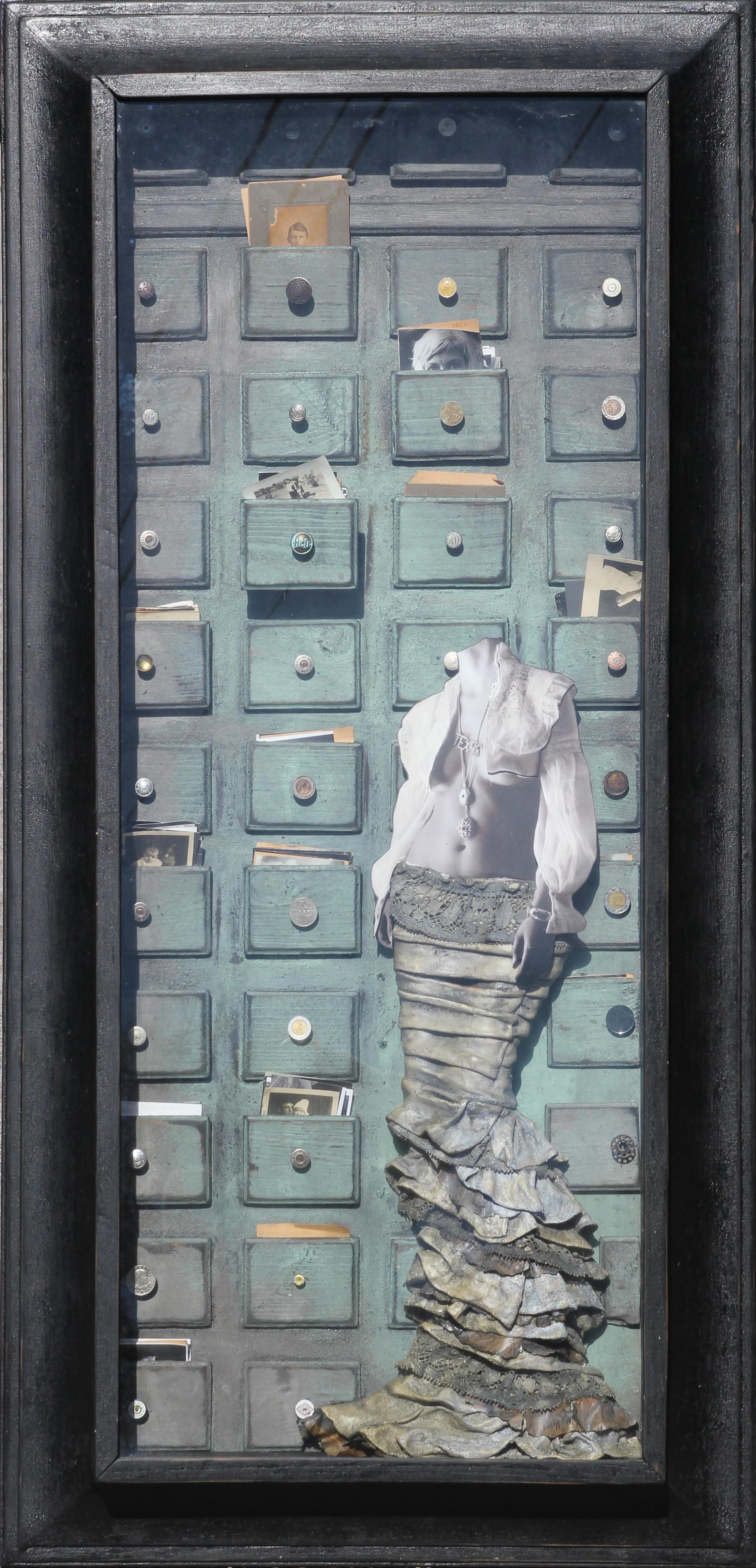 "Benevolence" Blue & Gray Small Drawers with Photographs Abstract Assemblage - Mixed Media Art by Katy Anderson & Patrick Medrano