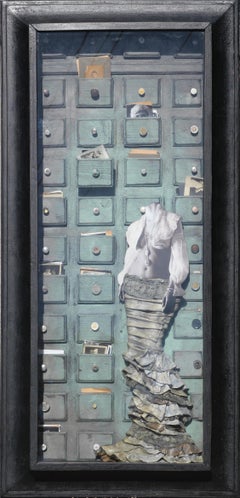 "Benevolence" Blue & Gray Small Drawers with Photographs Abstract Assemblage