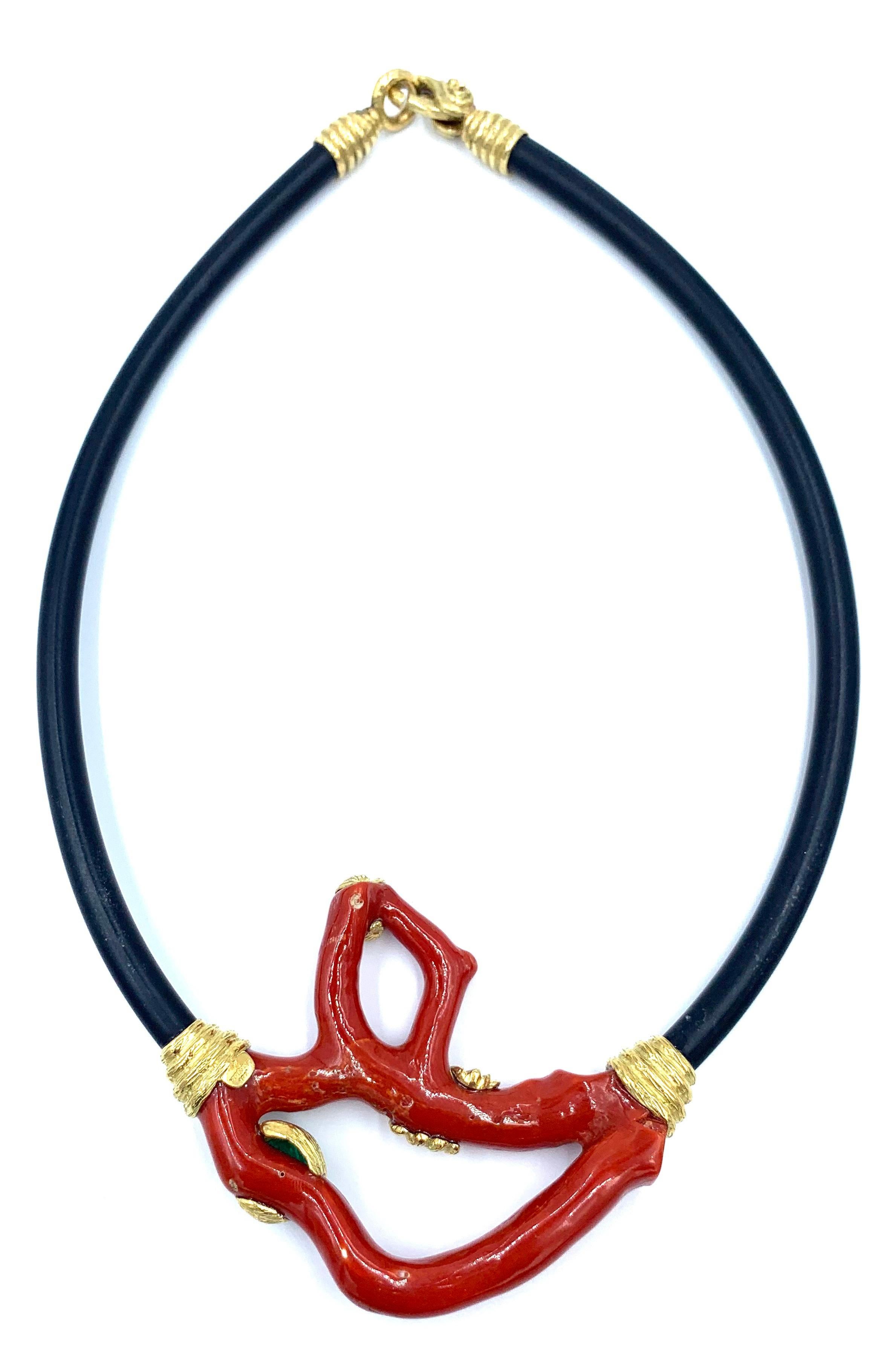 Round Cut Katy Briscoe 18 Karat Gold, Diamond, Coral, and Jade Necklace