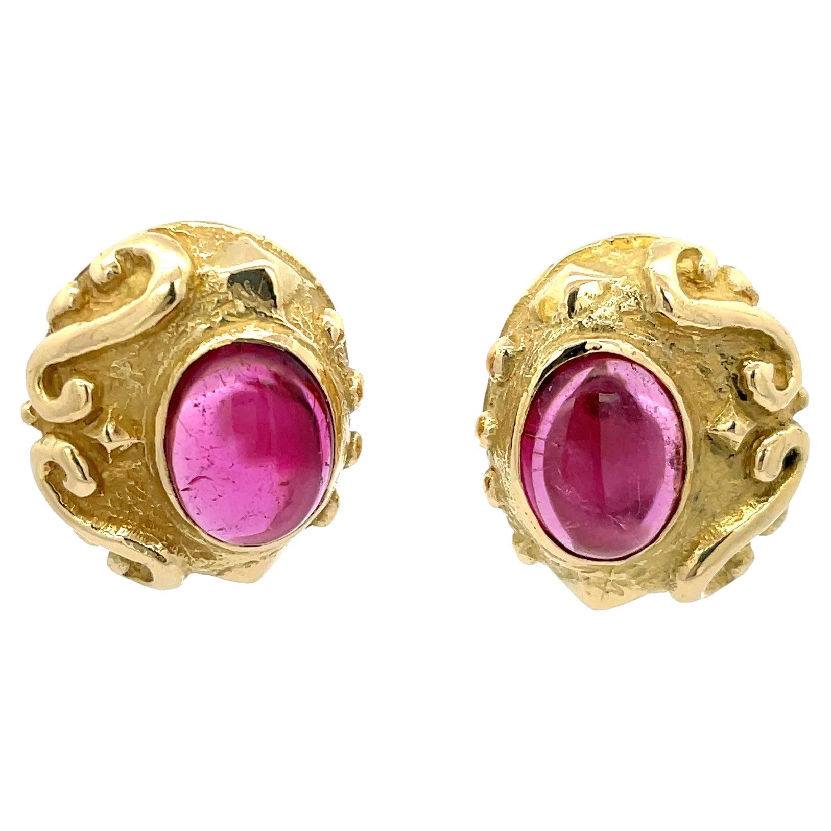 Katy Briscoe Cabochon Rubellite Earrings 18K Yellow Gold For Sale