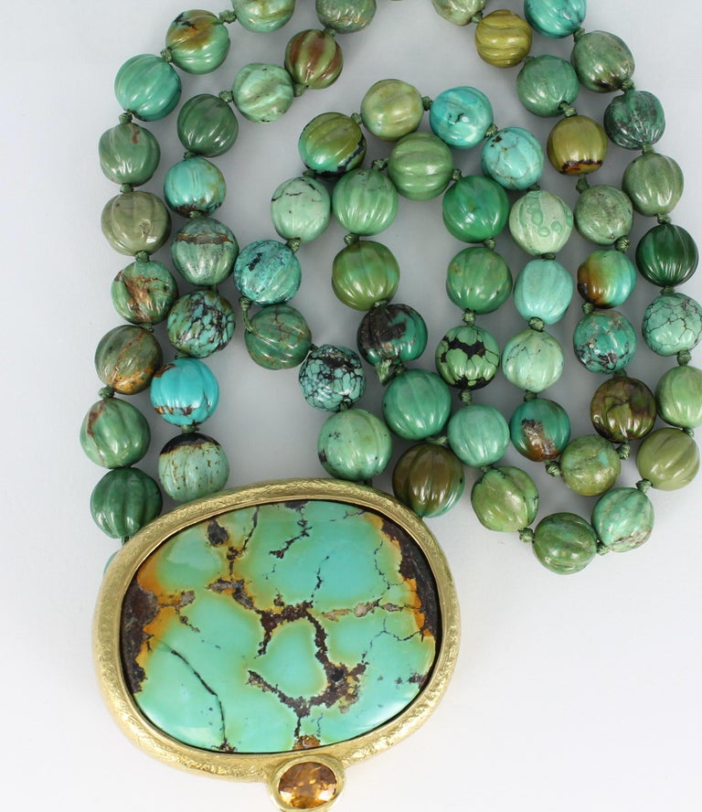 Katy Briscoe Chinese Turquoise Brown Zircon Carved Turquoise Beads