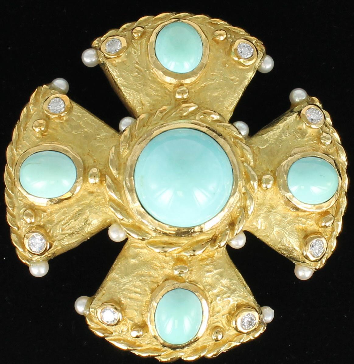 This Katy Briscoe Turquoise Maltese Cross Design Brooch-Pin with Diamonds and Pearls is beautifully handmade in 18 karat yellow gold. The design is accented by .40 carats total weight of diamonds and 12 pearls. This is another example of the