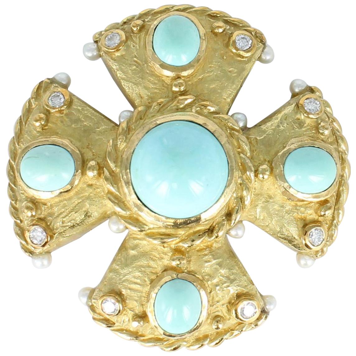 Katy Briscoe Turquoise Maltese Cross Design Brooch-Pin with Diamonds and Pearls For Sale