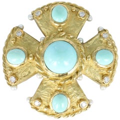 Katy Briscoe Turquoise Maltese Cross Design Brooch-Pin with Diamonds and Pearls
