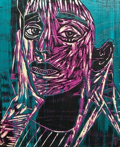 Barbara, Acrylic Painting on Wood Carved Panel, Woodcut, Painting, Signed