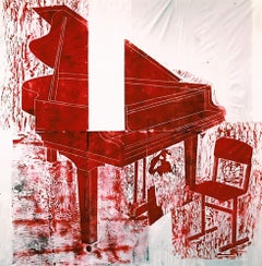 Grand Piano in Red, Woodcut and Ink Painting on Canvas, Stretched, Signed