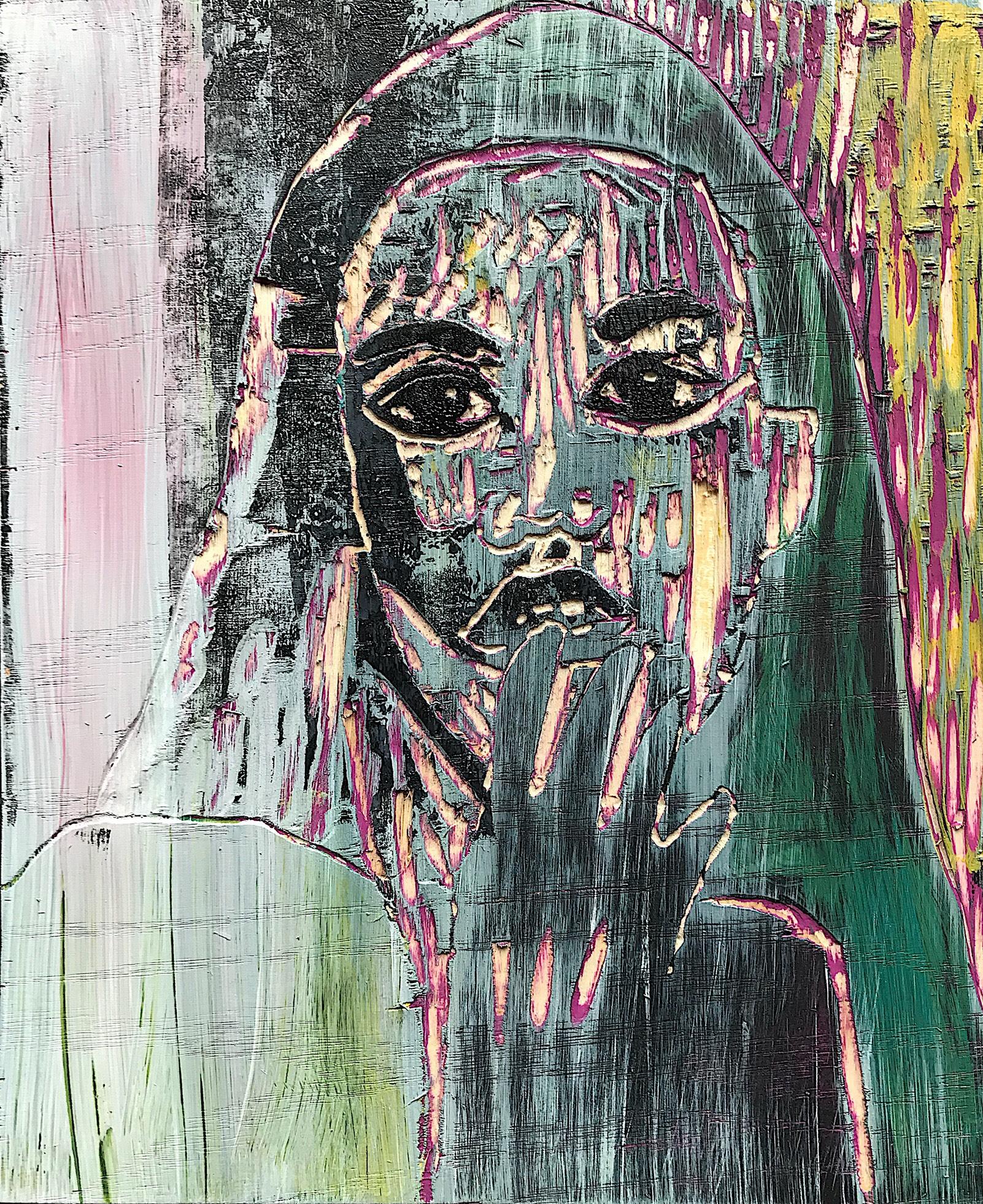 Katya Zvereva Figurative Painting - Juliette, Acrylic Painting on Wood Carved Panel, Woodcut, Painting, Signed