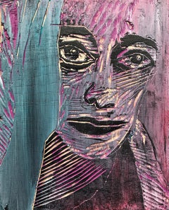 Linda, Acrylic Painting on Wood Carved Panel, Woodcut, Painting, Signed