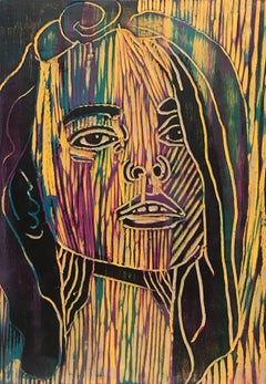 Ruth, Acrylic Painting on Wood Carved Panel, Woodcut, Painting, Signed