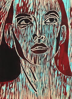 Stephanie, Acrylic Painting on Wood Carved Panel, Woodcut, Painting, Signed