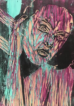 Violet, Acrylic Painting on Wood Carved Panel, Woodcut, Painting, Signed