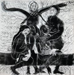 "Dance" Figurative Painting, Woodcut, Fabric and Ink