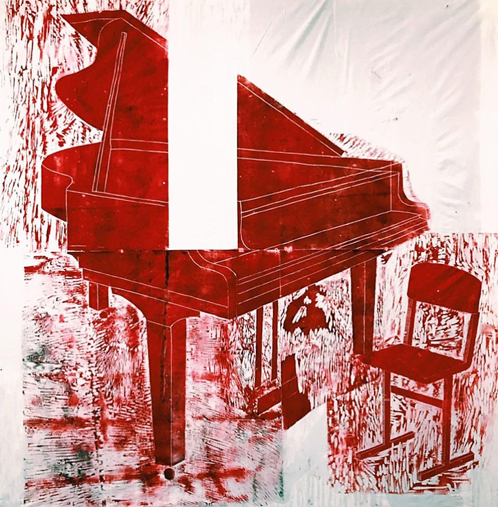 "Grand Piano in Red" Woodcut Ink Painting on Canvas