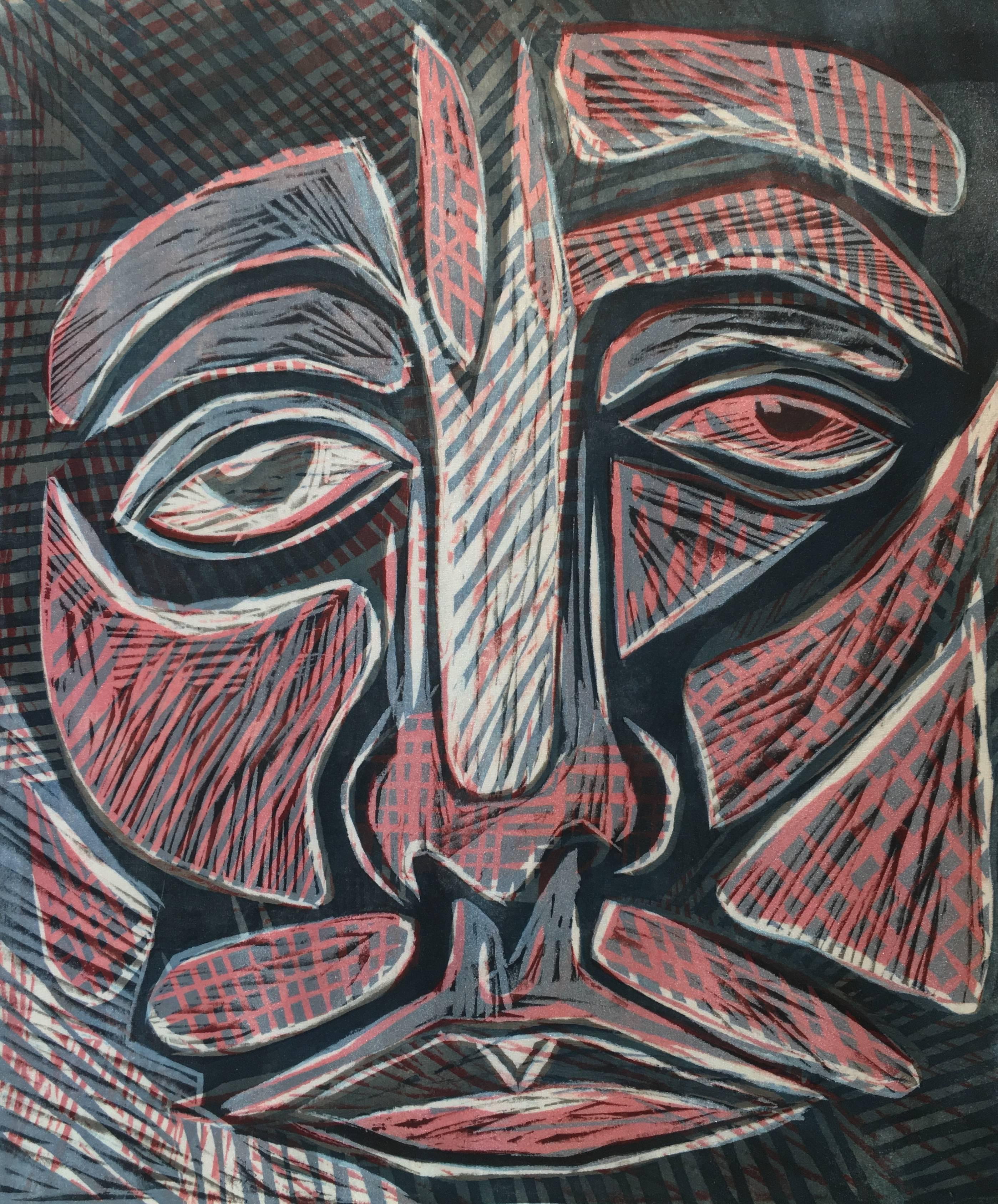 Contemporary and figurative painting by very creative artist, Katya Zvereva. Woodcut print on raw cotton. Modern and tribal style with dark tones. Canvas comes stretched. Wonderful piece for any collection. 

Russian-born artist Katya Zvereva from