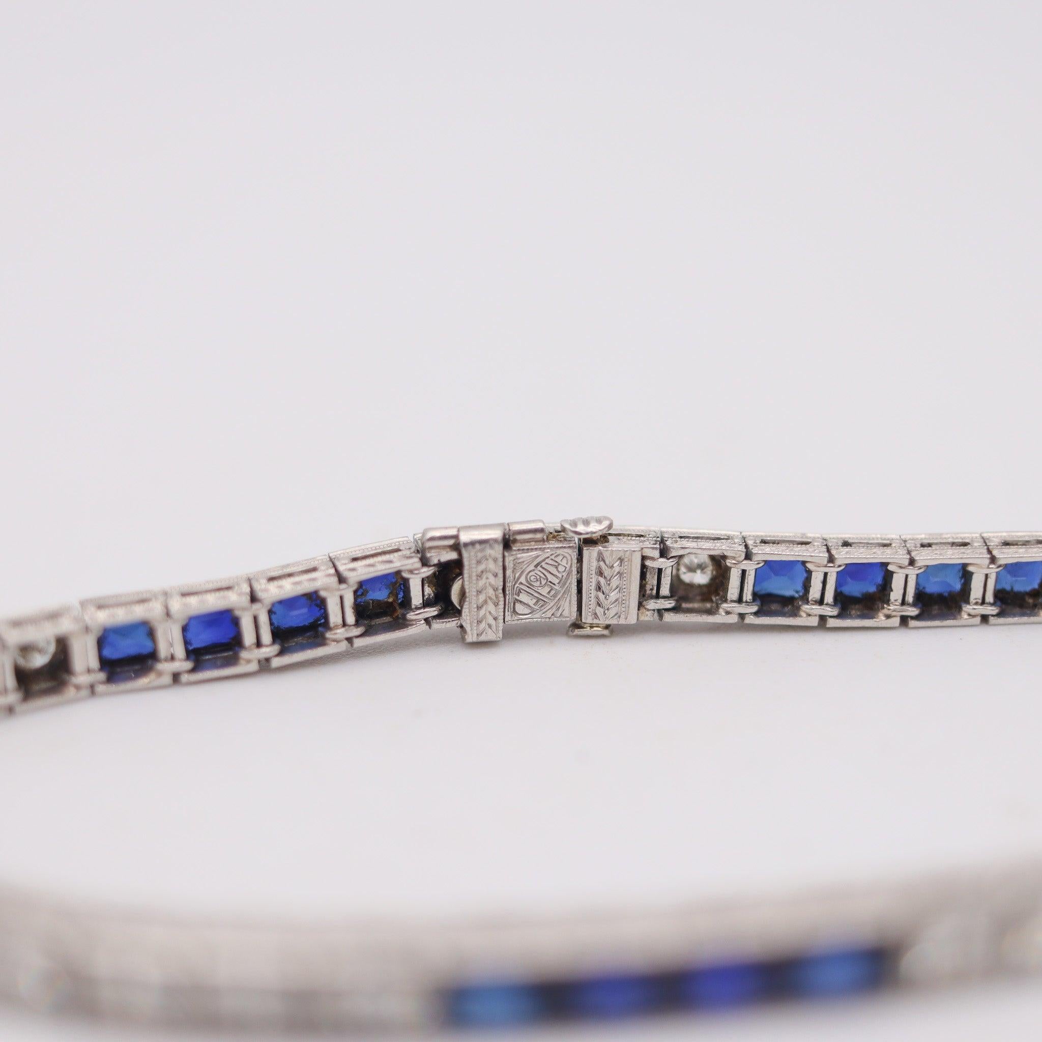 KATZ & OGUSH 1930 Art Déco Pulsera Riviera de platino con zafiros y diamantes Corte francés en venta