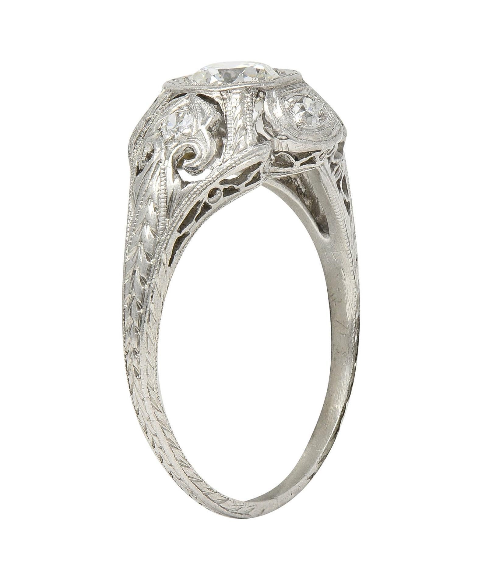 Katz & Ogush Art Deco 0.53 CTW Diamond Platinum Scrolling Engagement Ring In Excellent Condition For Sale In Philadelphia, PA
