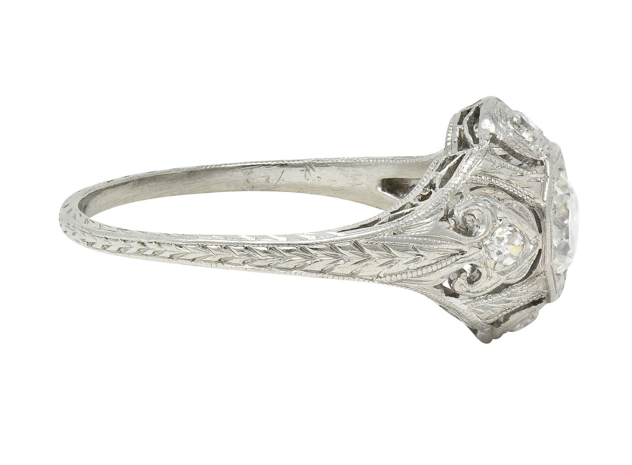 Women's or Men's Katz & Ogush Art Deco 0.53 CTW Diamond Platinum Scrolling Engagement Ring For Sale