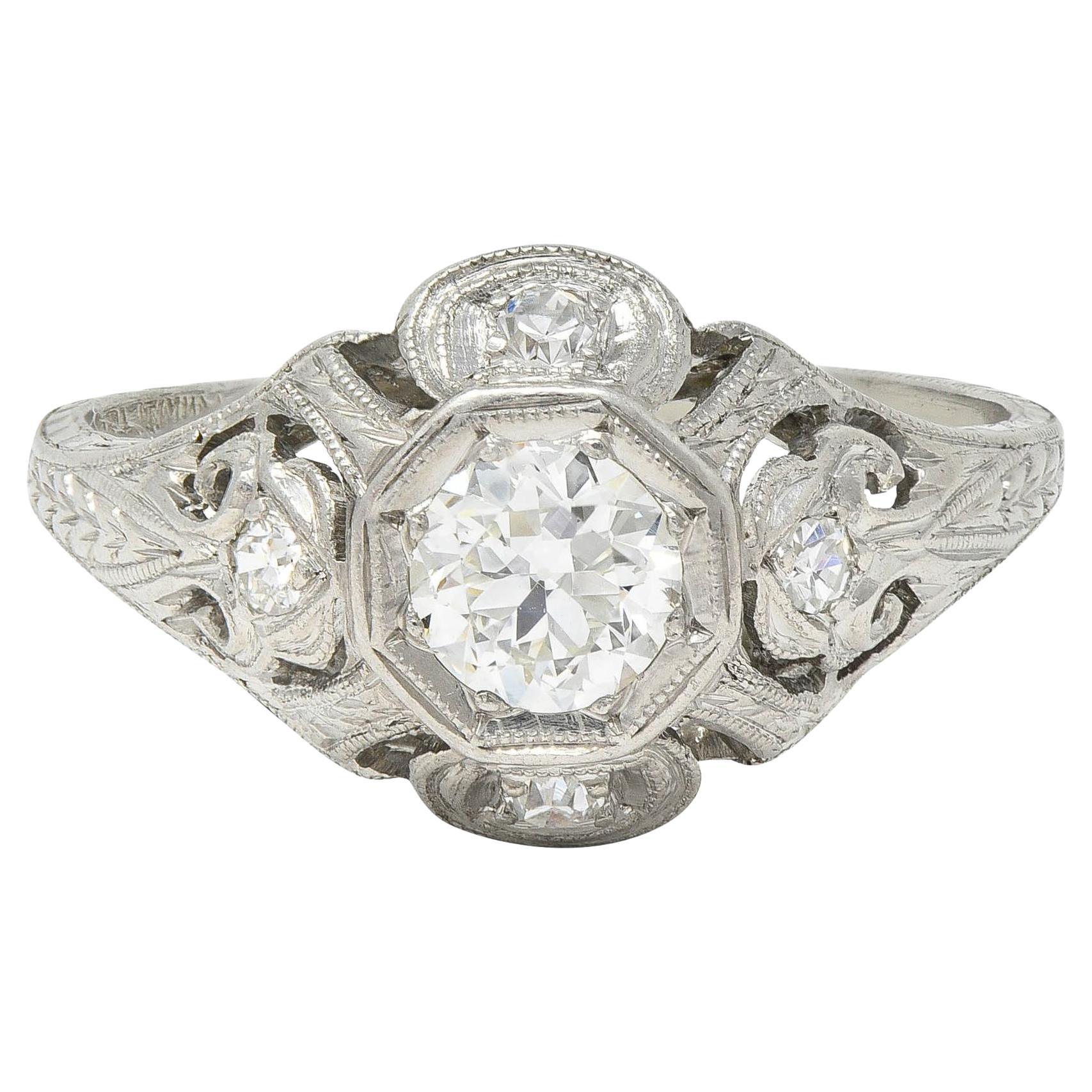 Katz & Ogush Art Deco 0.53 CTW Diamond Platinum Scrolling Engagement Ring For Sale