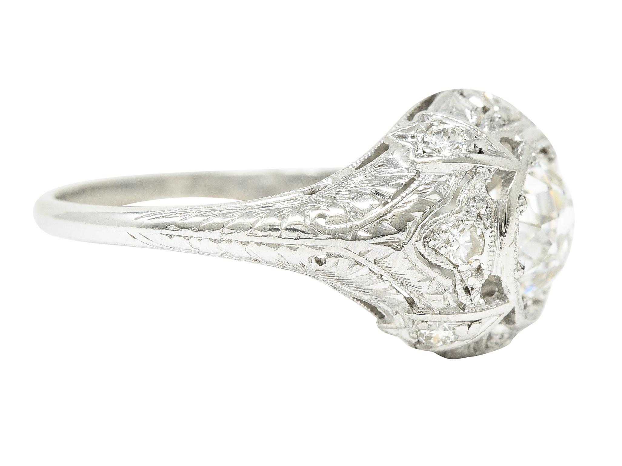 Katz & Ogush Art Deco 1.15 CTW Old European Cut Diamond Platinum Engagement Ring In Excellent Condition For Sale In Philadelphia, PA