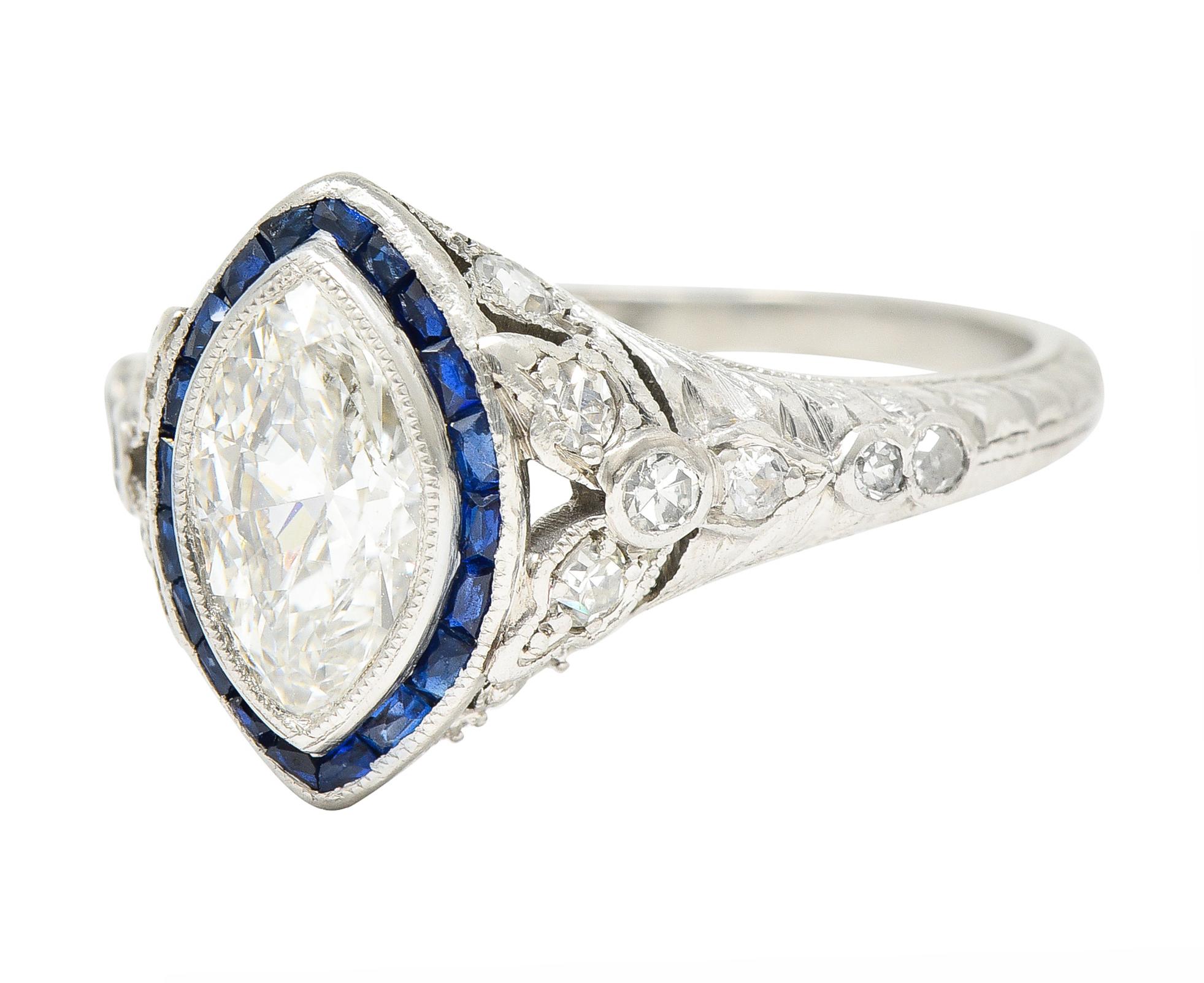 Katz & Ogush Inc. Art Deco 1.88 Carats Marquise Cut Diamond Sapphire Ring 1