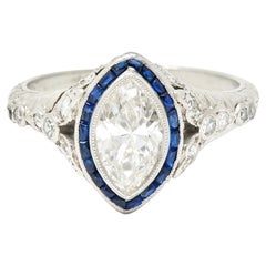 Katz & Ogush Inc. Art Deco 1.88 Carats Marquise Cut Diamond Sapphire Ring