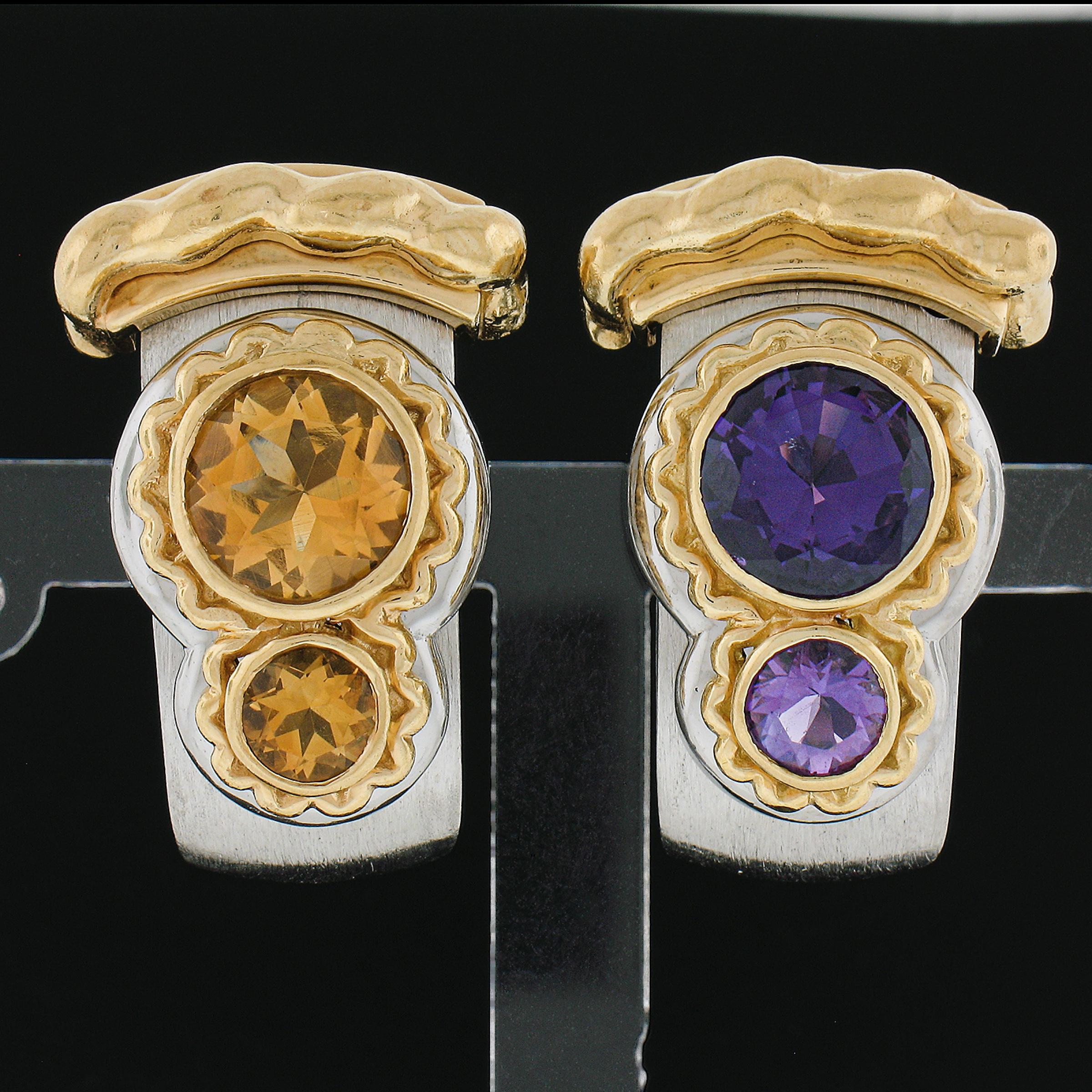 --Stone(s):--
(2) Natural Genuine Citrine - Round Cut - Bezel Set - Rich Orange Color - 4.8mm & 8.2mm (approx.)
(2) Natural Genuine Amethysts - Round Cut - Bezel Set - Rich Vivid Purple Color - 4.8mm & 8.2mm (approx.)

Material: Solid 18k Yellow