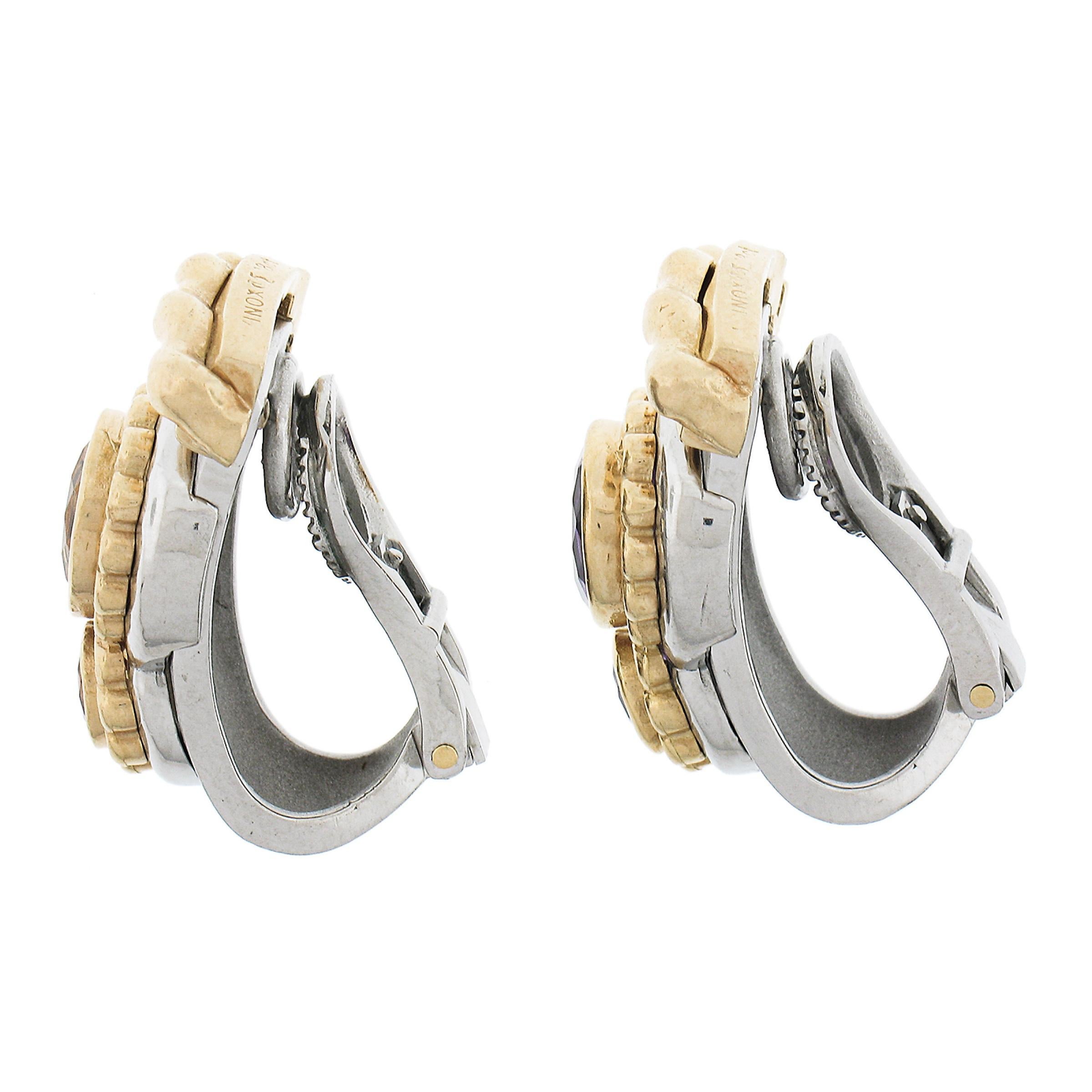Women's Kaufman De Suisse Callista 18K Gold & Steel Round Citrine Amethyst Clip Earrings For Sale