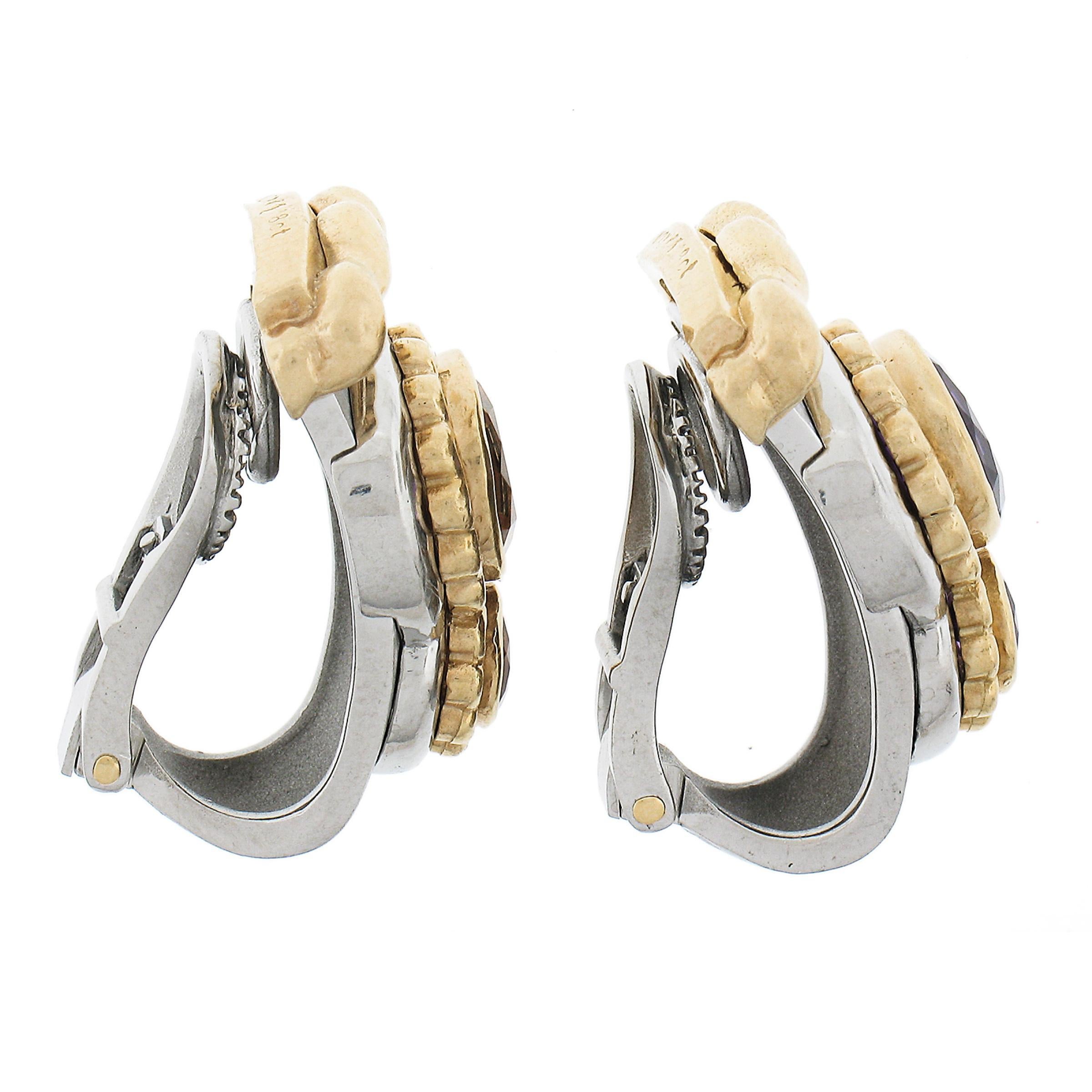 Kaufman De Suisse Callista 18K Gold & Steel Round Citrine Amethyst Clip Earrings For Sale 1
