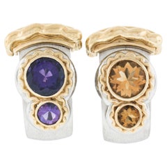 Kaufman De Suisse Callista 18K Gold & Steel Round Citrine Amethyst Clip Earrings