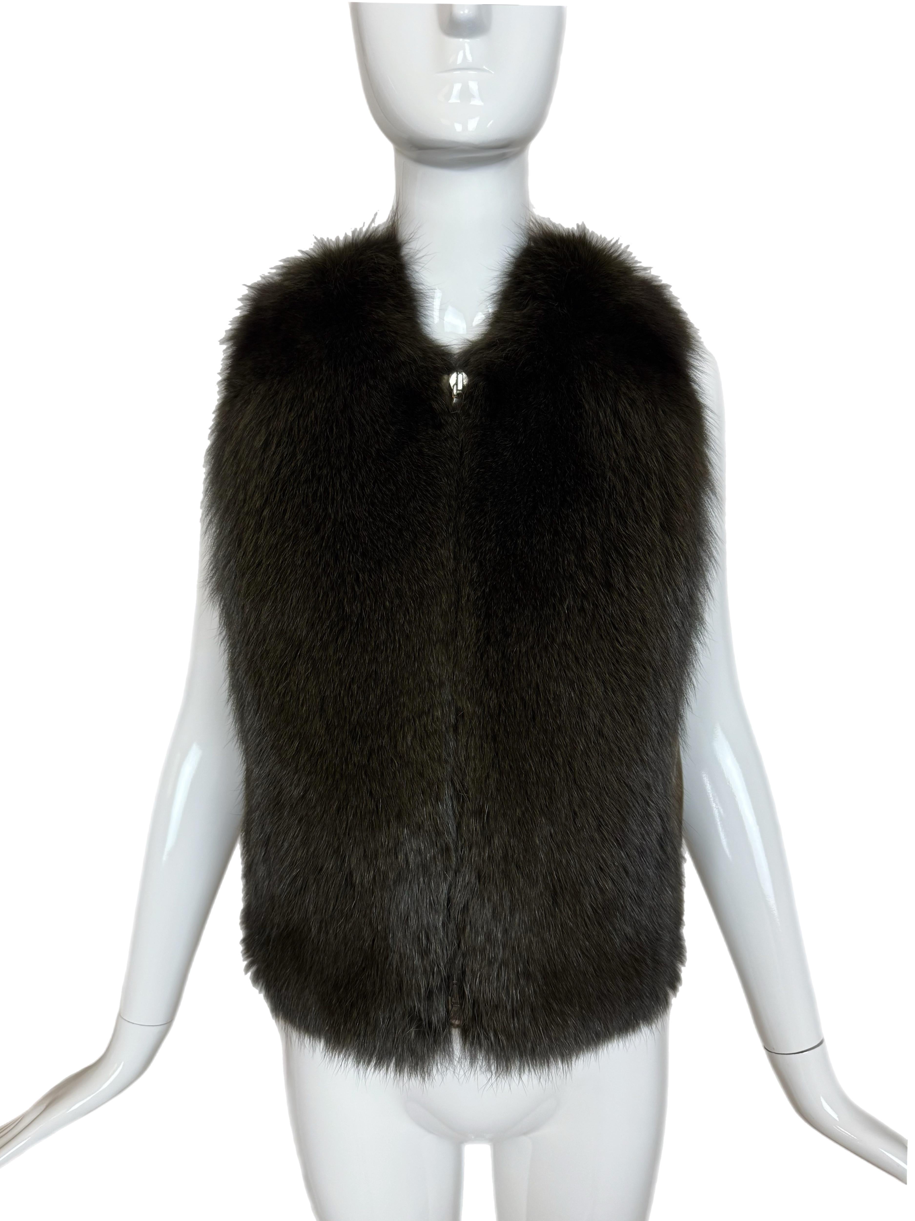 Noir KAUFMANFRANCO Gilet en fourrure de renard et cuir d'agneau vert armée en vente