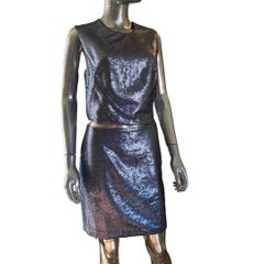 KaufmanFranco Blue Sequin and Nude Mesh Modern Sleeveless Cocktail Dress Size 10