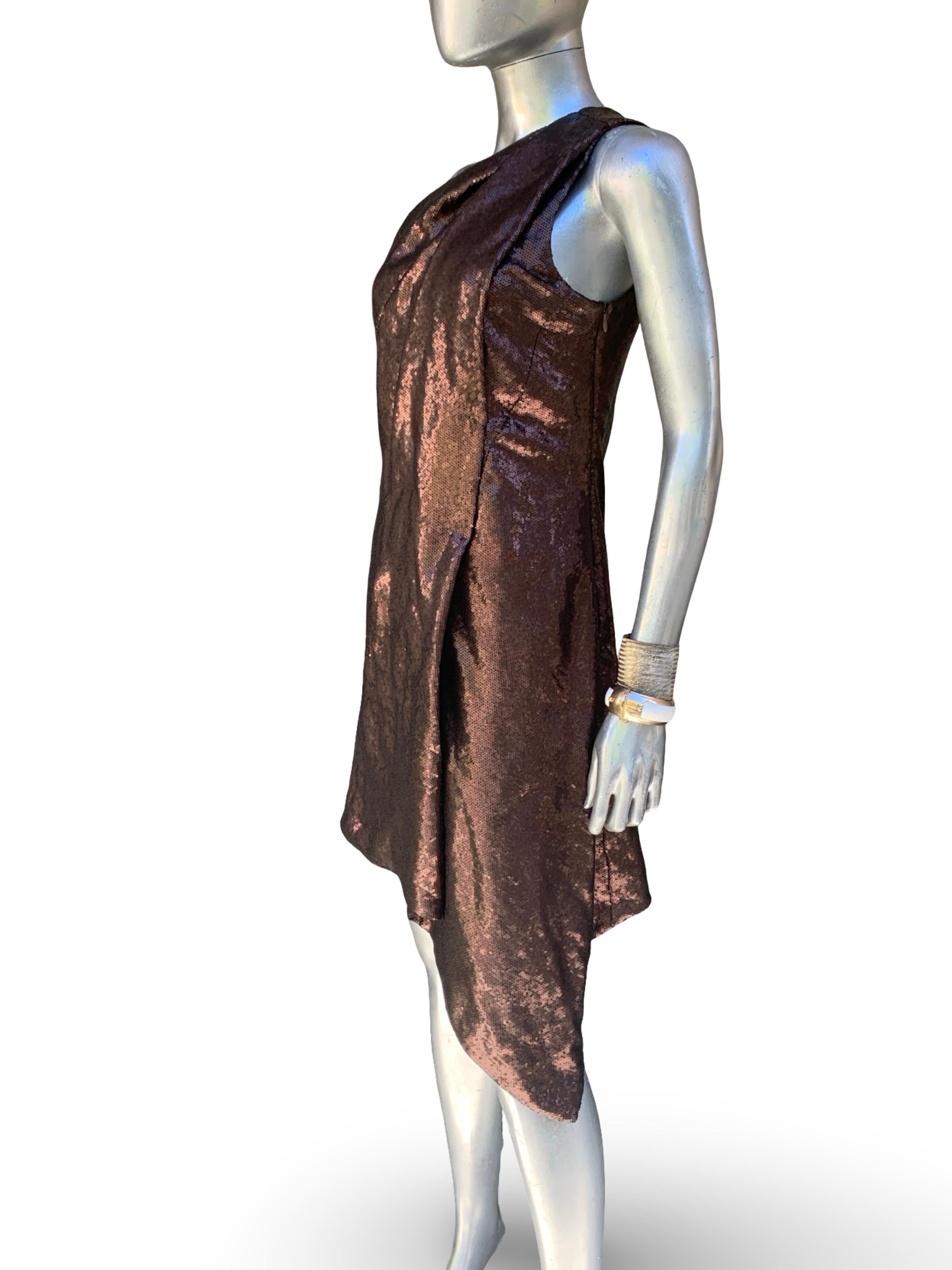 KaufmanFranco Collection Drapiertes Braun/Kupfer Pailletten Asymmetrisches Cocktailkleid im Angebot 6