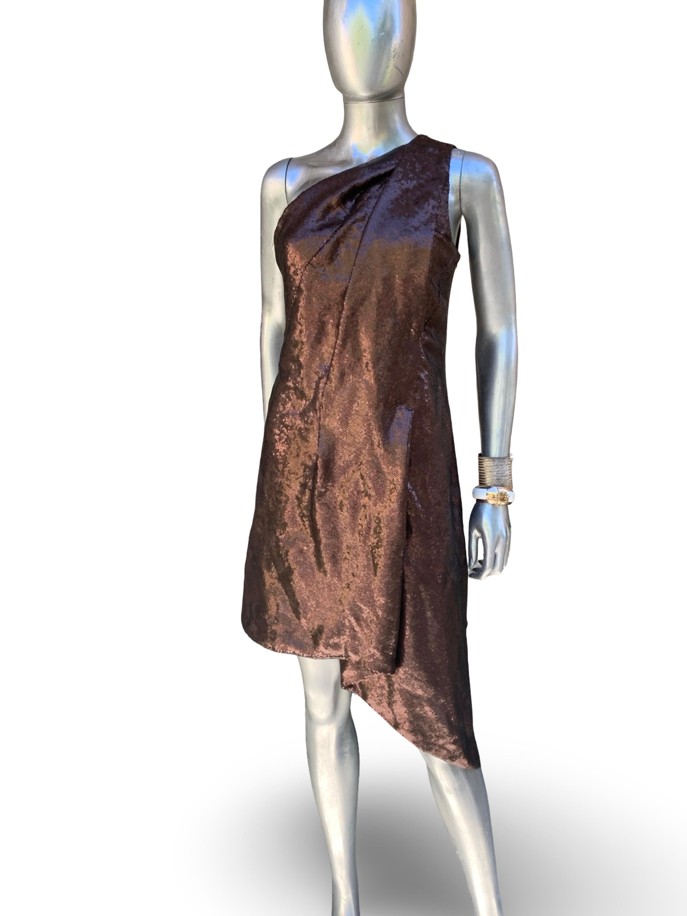 KaufmanFranco Collection Drapiertes Braun/Kupfer Pailletten Asymmetrisches Cocktailkleid im Angebot 7