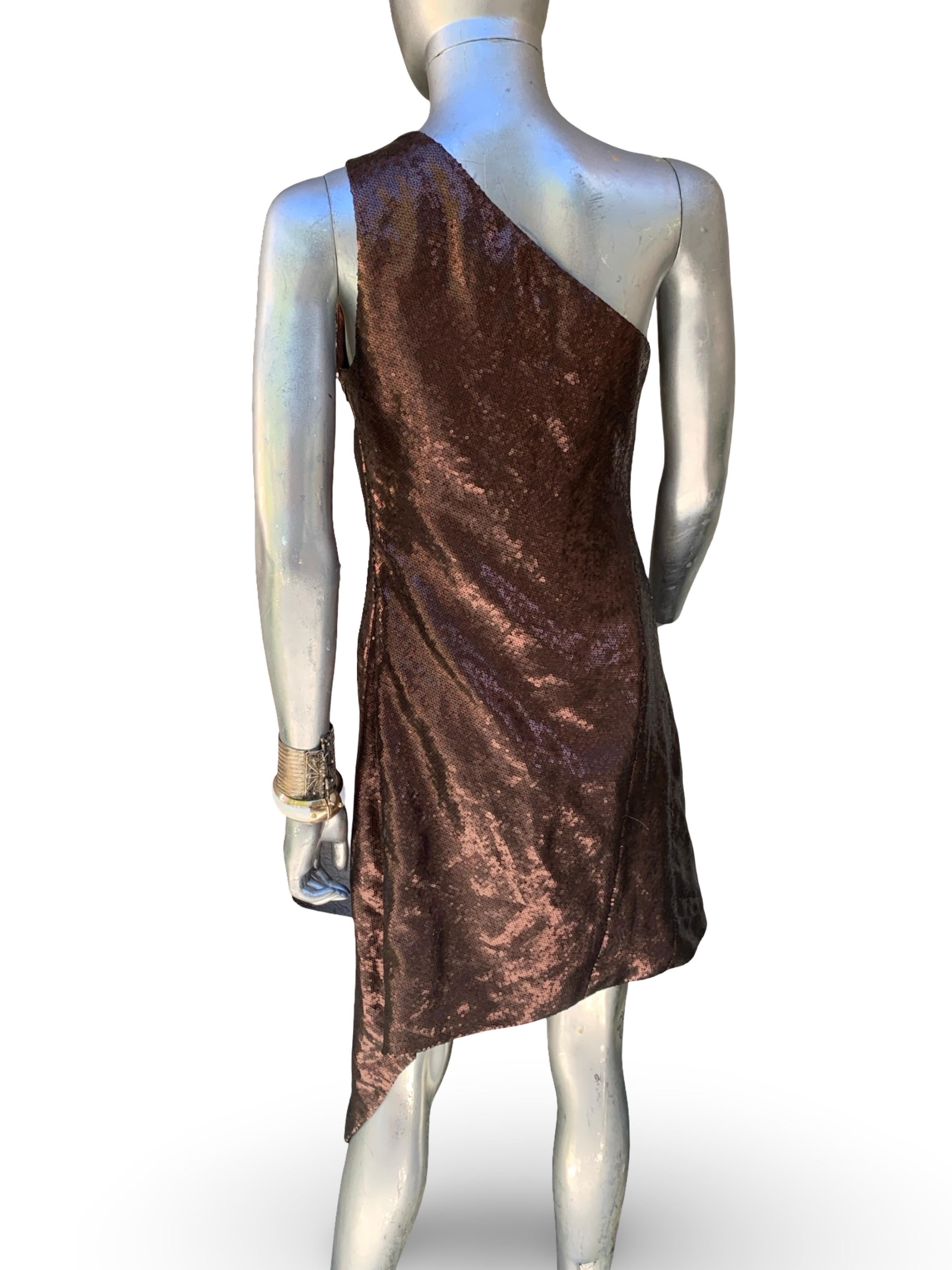 KaufmanFranco Collection Drapiertes Braun/Kupfer Pailletten Asymmetrisches Cocktailkleid Damen im Angebot